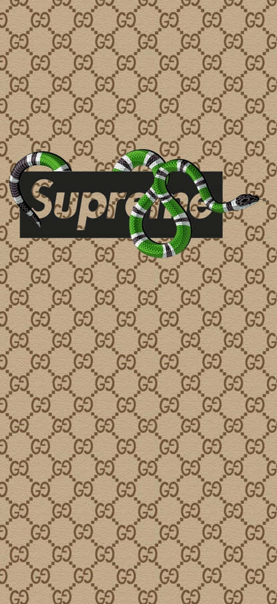 supreme 桌布 壁紙 — 一條綠色和白色的蛇纏繞在黑色Supreme標誌上，背景是米色Gucci字母組合圖案。