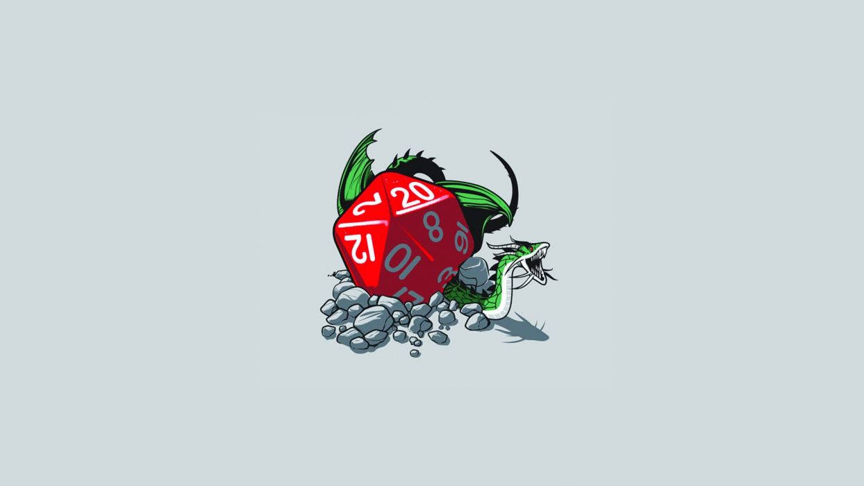 Dragons 桌布 壁紙 — 一條綠色巨龍從一堆岩石中出現，咬著一個帶有白色數字的紅色二十面骰子。