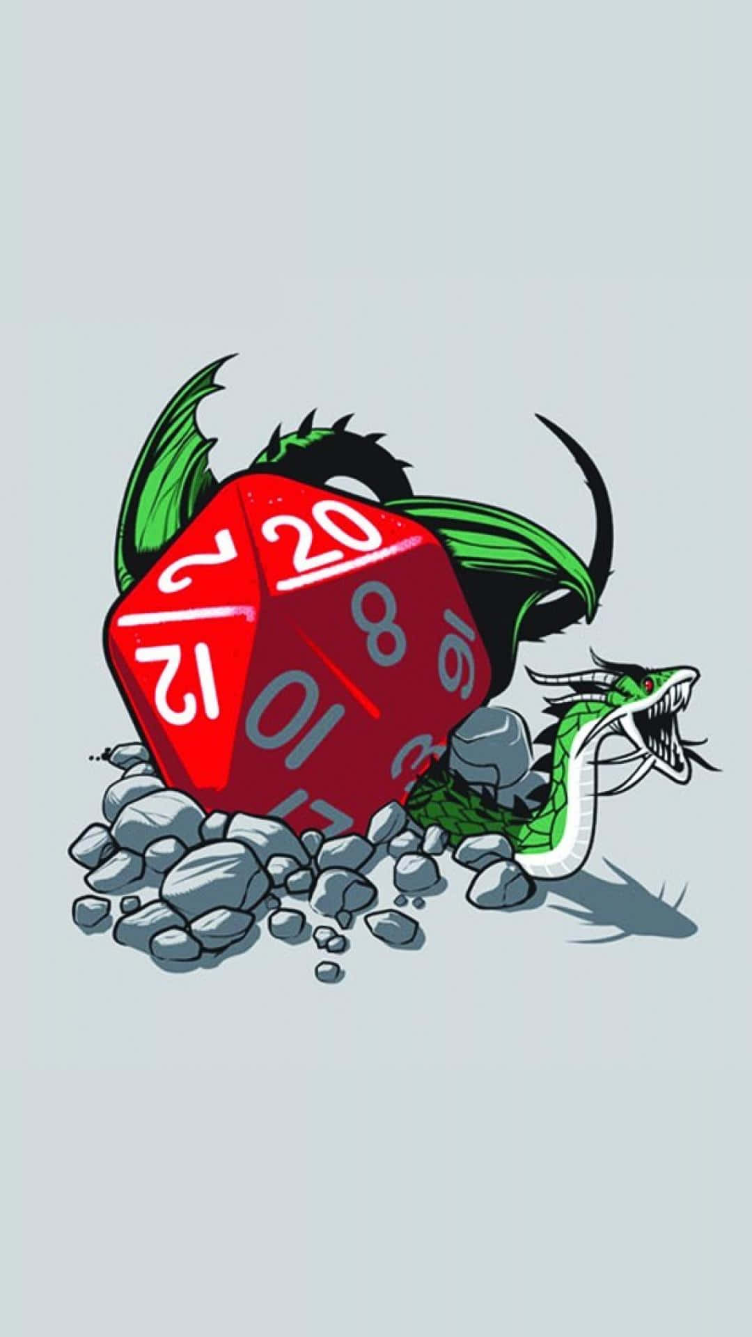 D20 桌布 壁紙 — 一條綠色巨龍從瓦礫中出現，旁邊有一個顯示數字20的紅色二十面骰子。