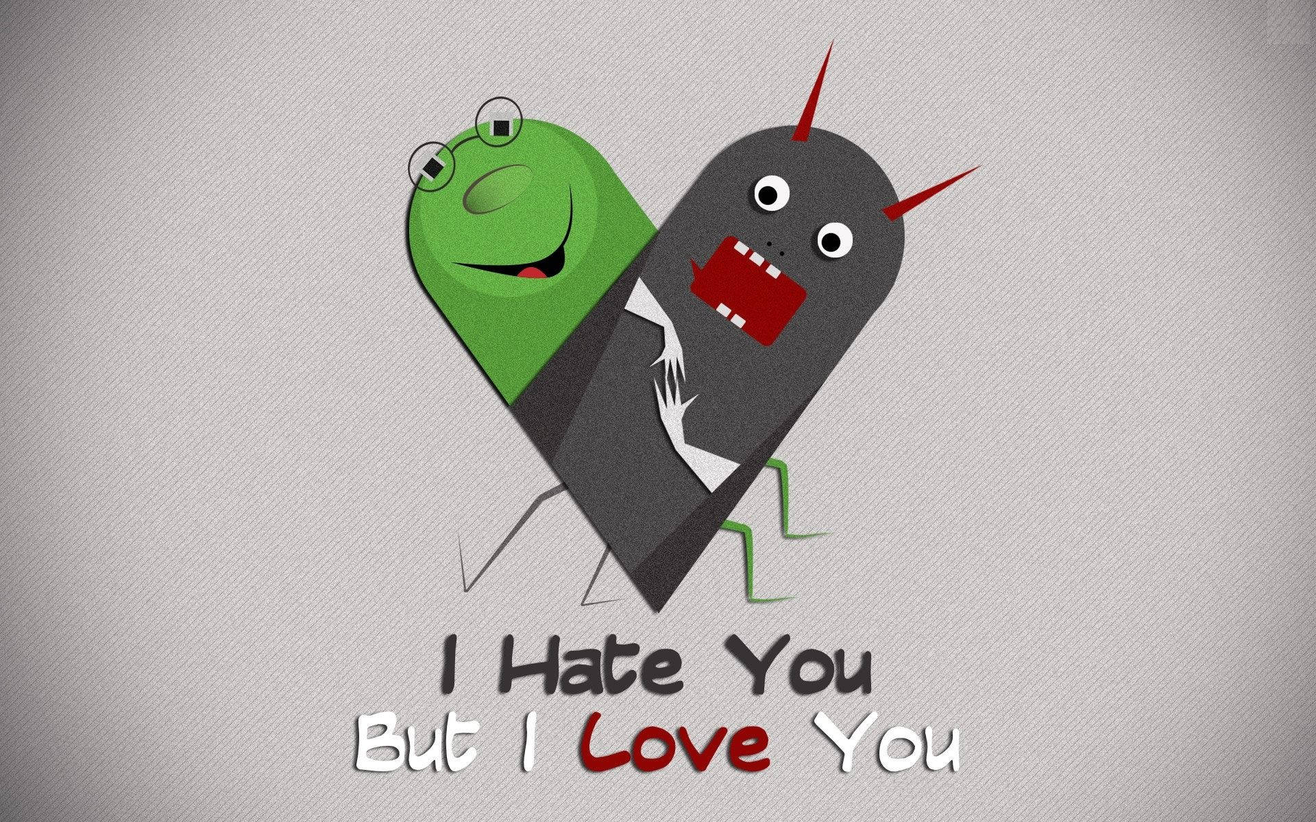 hate 桌布 壁紙 — 一條綠色微笑的蟲和一隻有角的灰色憤怒蟲在帶有紋理的灰色背景上形成心形，並附有文字。