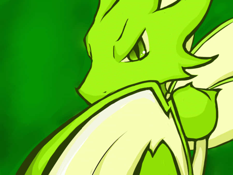 Scyther 桌布 壁紙 — 一條綠色龍的特寫，擁有銳利的眼睛和飄逸的鬃毛，背景為純綠色。