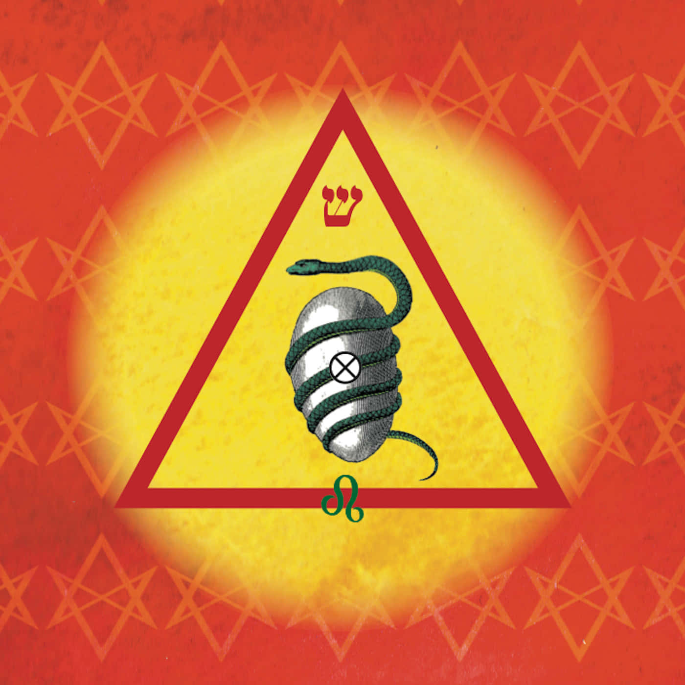 Thelema 桌布 壁紙 — 一條綠蛇纏繞著一個銀色球體，位於紅色三角形內，背景是帶有星形圖案的熾熱橙色。