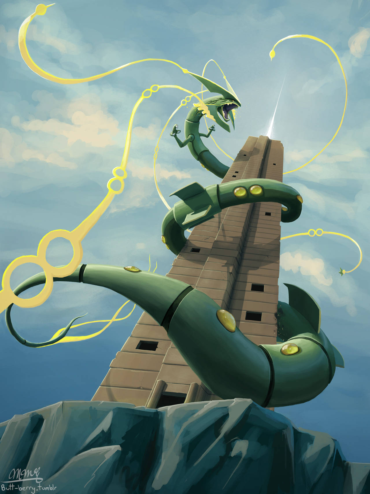 Rayquaza 桌布 壁紙 — 一條綠龍纏繞著石塔，背景是陰天，帶有發光的黃色能量痕跡。