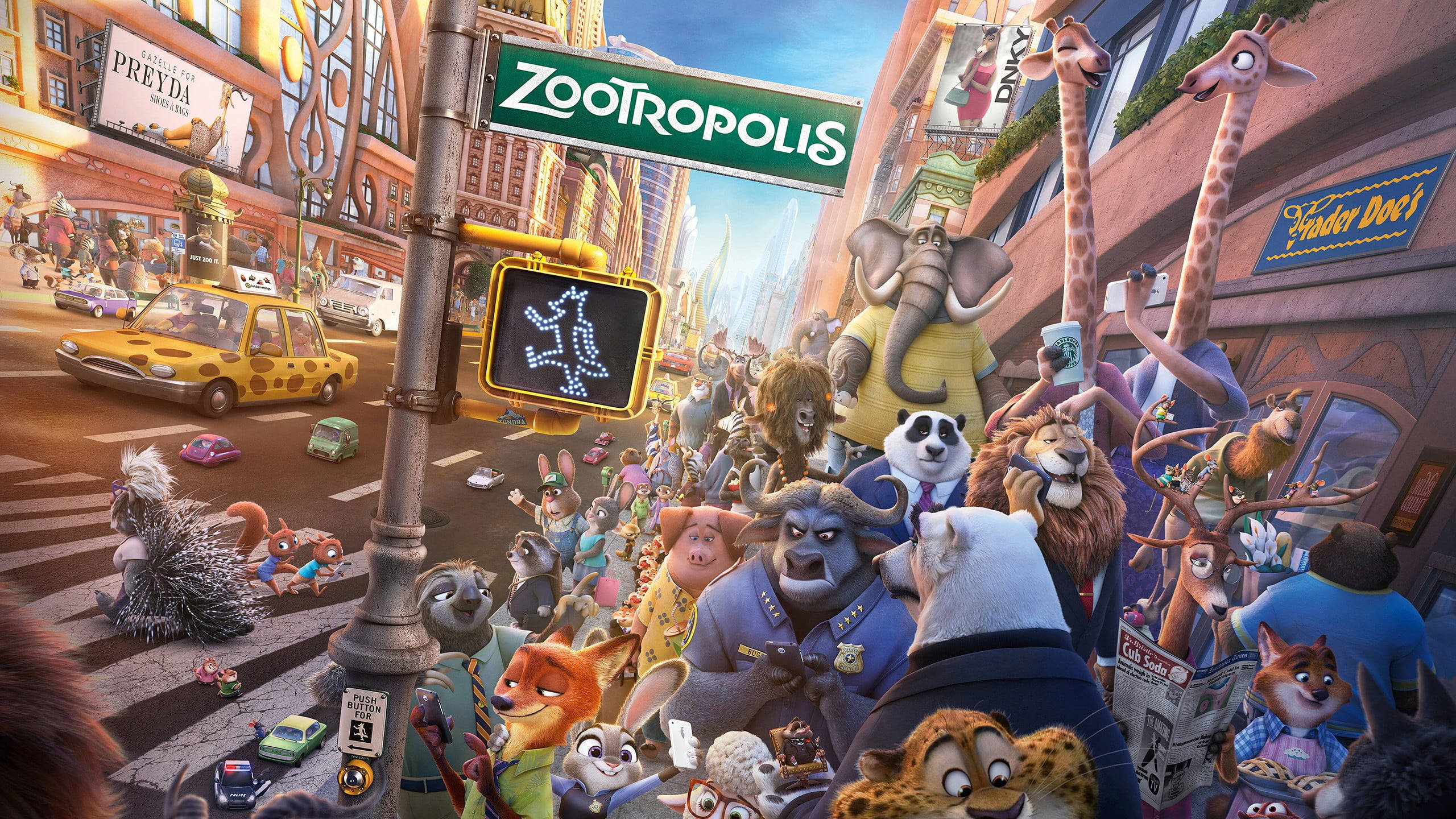 桌布 壁紙 — 一條繁忙的動畫城市街道，充滿擬人化動物在「Zootropolis」標誌下穿越繁忙的十字路口。