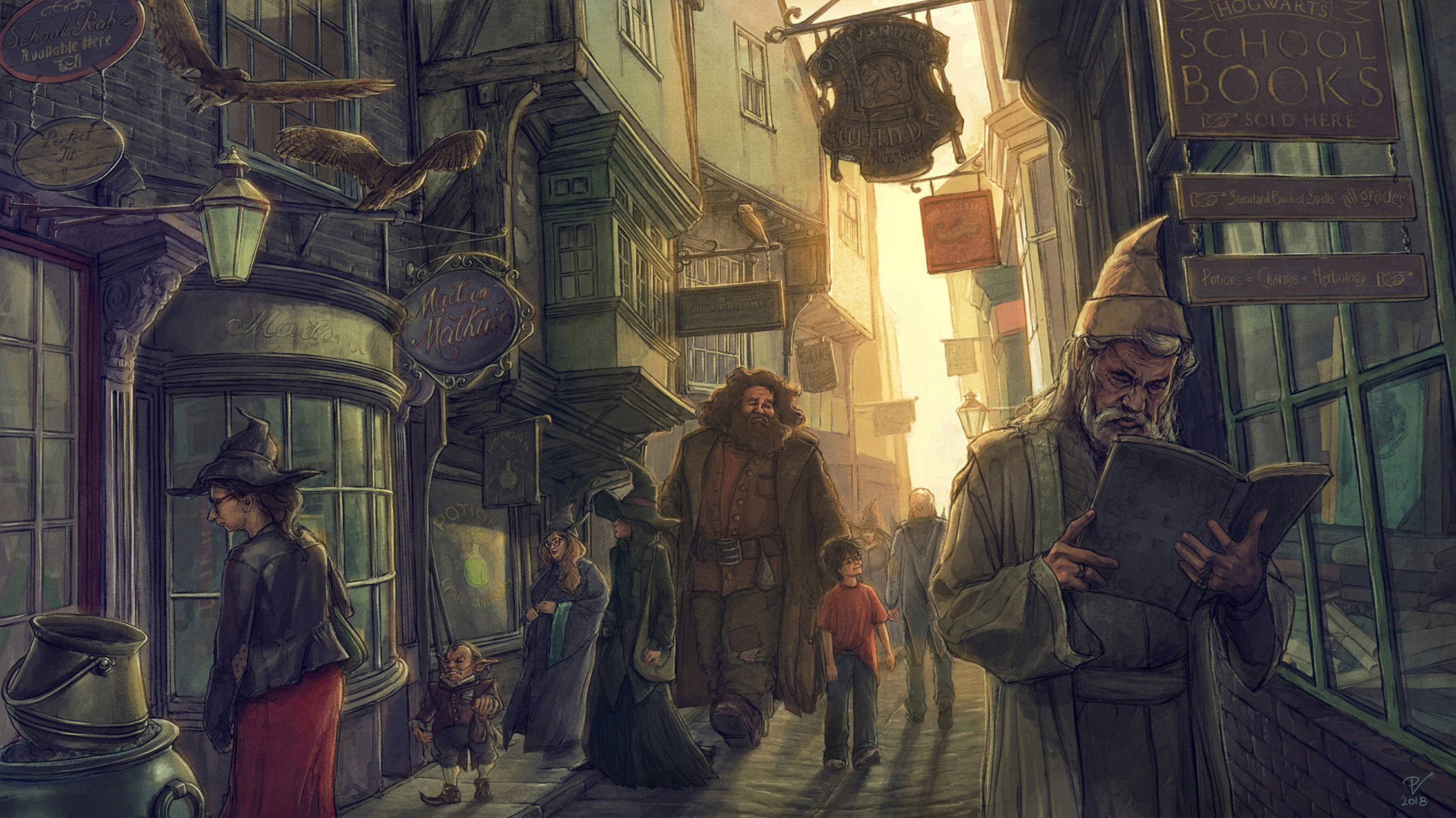 rubeus hagrid 桌布 壁紙 — 一條繁忙的巫師街道沐浴在金色夕陽光中，有穿著長袍的角色和飛翔的貓頭鷹。