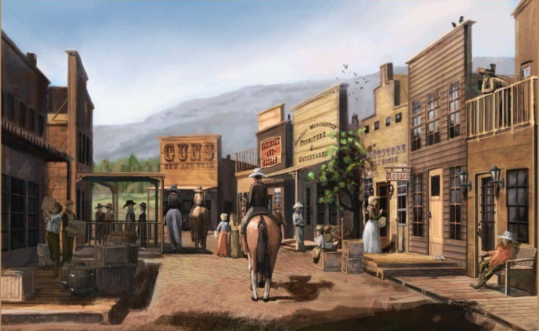Wild West 桌布 壁紙 — 一條繁忙的西部小鎮街道，有木建築、沙龍和騎馬者，在晴朗的藍天下。