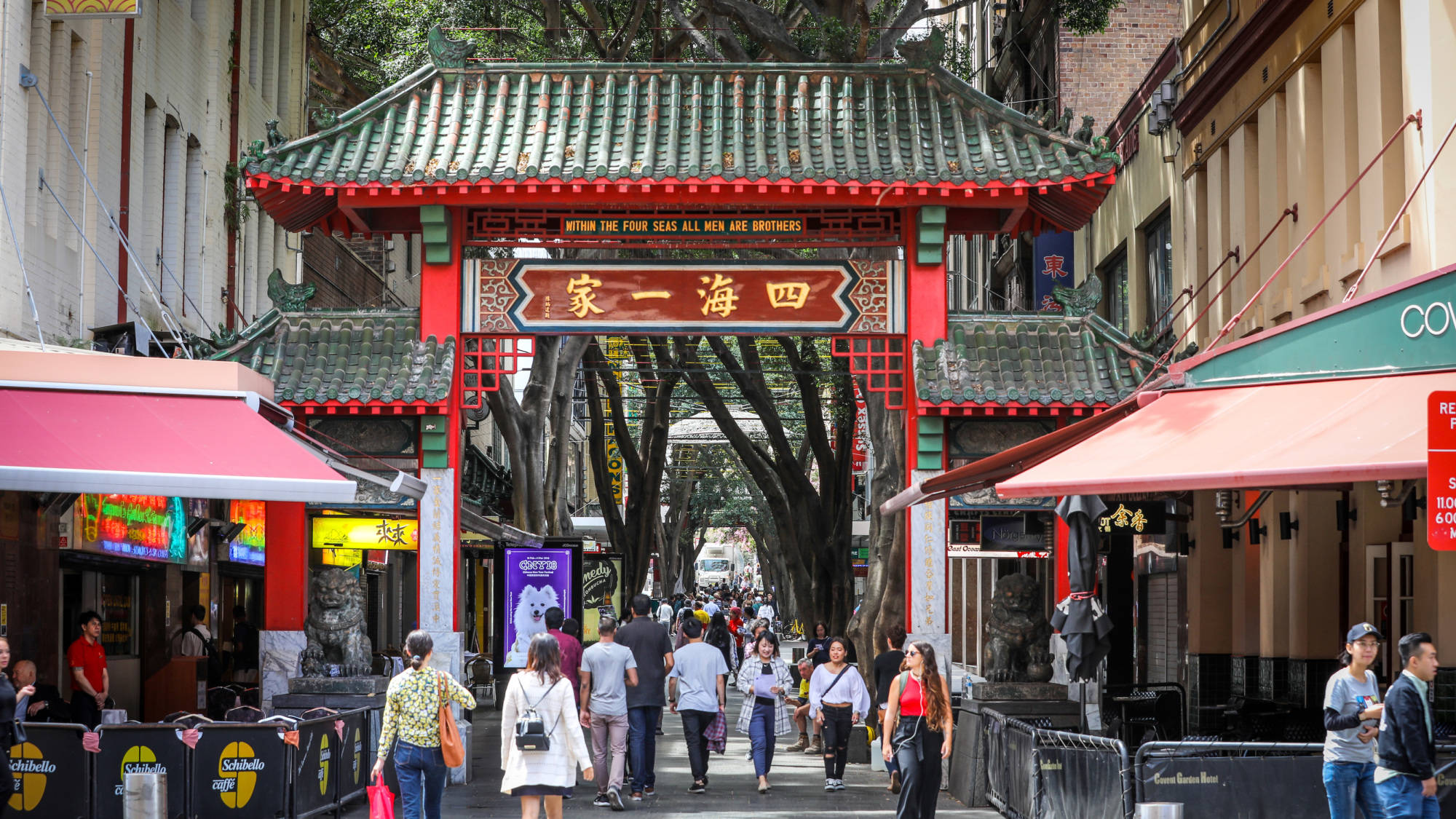 Sydney 桌布 壁紙 — 一條繁華的唐人街街道，由傳統紅色和綠色的中式牌坊框住，人們在其下行走。