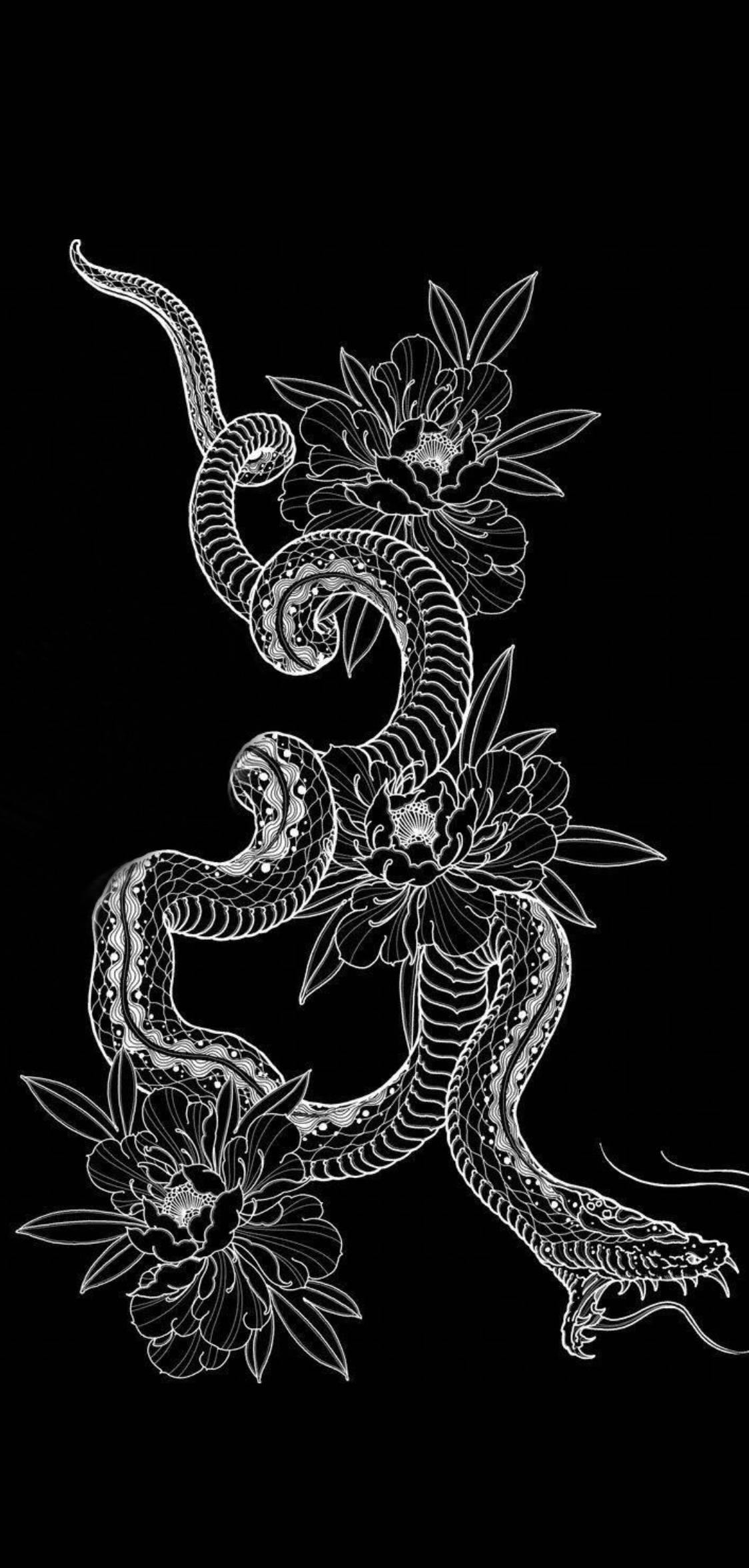 眼鏡王蛇 桌布 壁紙 — 一條纏繞著牡丹的蛇的白色線條風格畫，背景為純黑色。