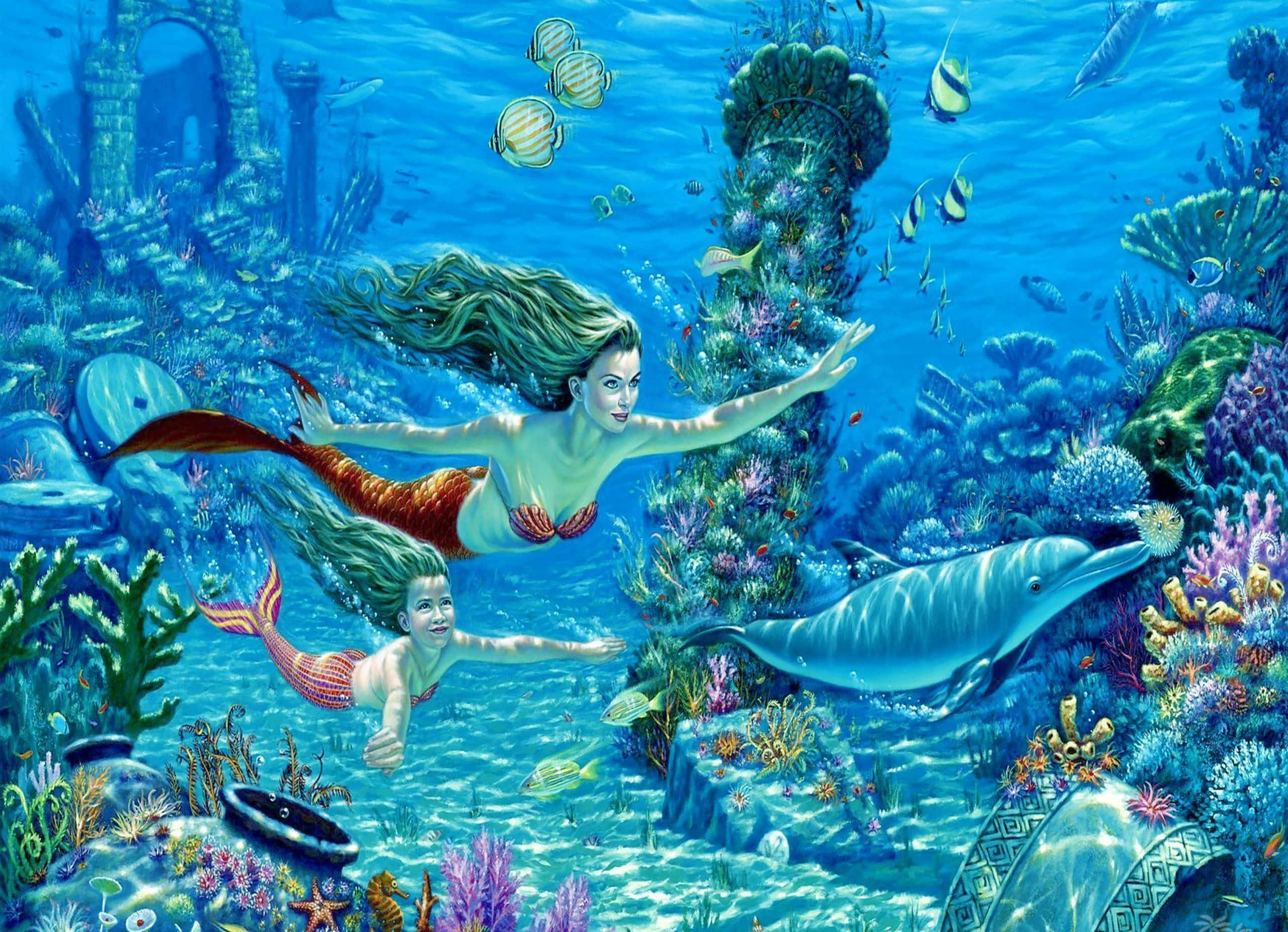 美人魚 桌布 壁紙 — 一條美人魚和一個孩子在陽光普照的廢墟附近，與海豚和熱帶魚一起滑過充滿活力的珊瑚礁。