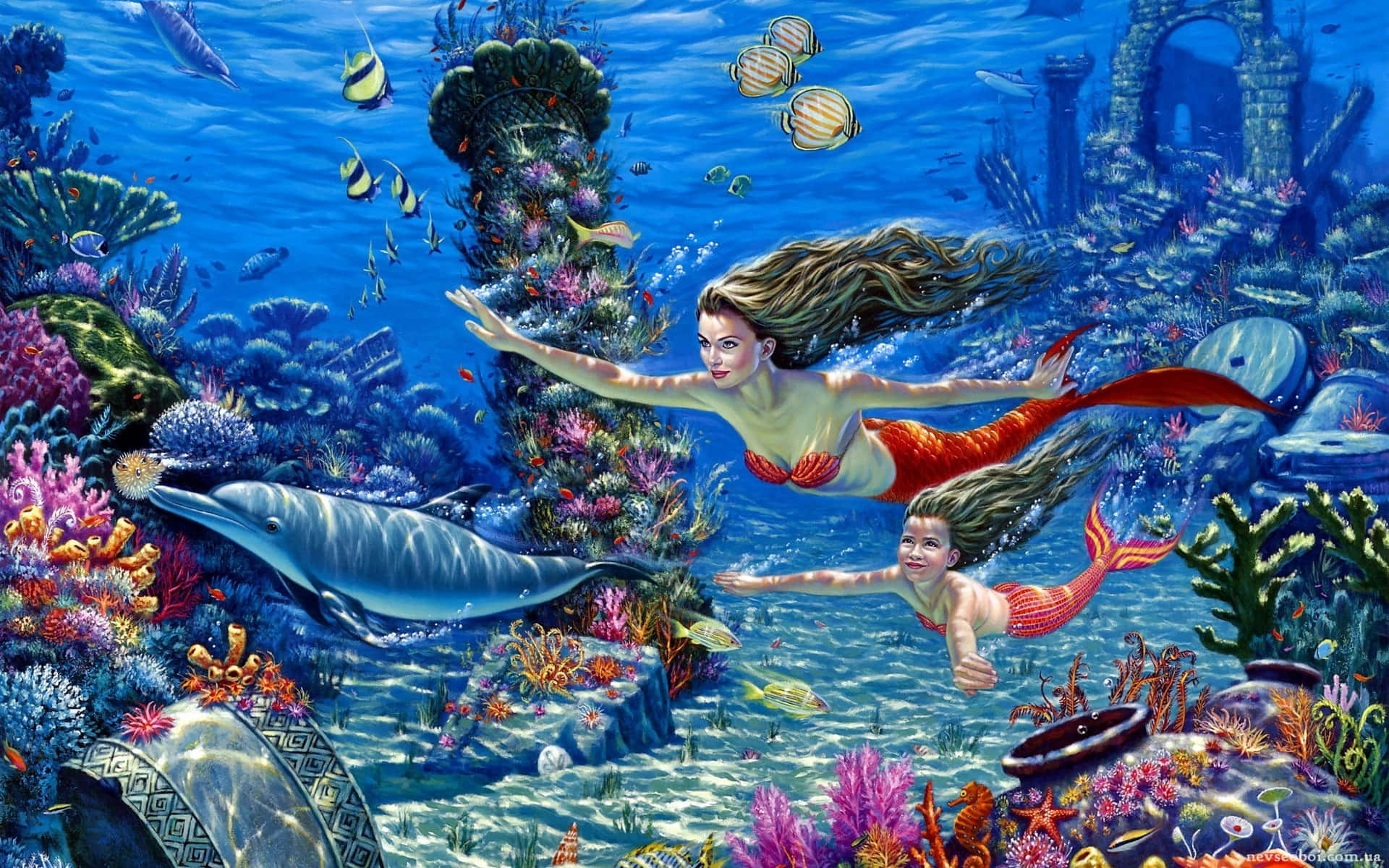 美人魚 桌布 壁紙 — 一條美人魚和一個孩子在陽光普照的廢墟附近，與海豚和色彩繽紛的魚兒一起滑過充滿活力的珊瑚礁。