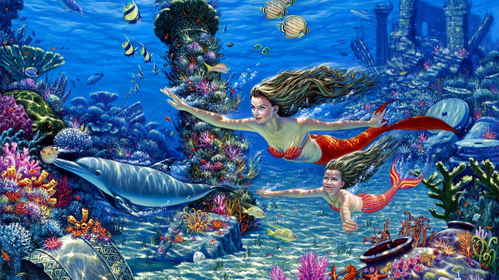 美人魚 桌布 壁紙 — 一條美人魚和一個小孩在充滿活力的珊瑚礁中滑行，海豚和色彩繽紛的魚群在古老遺跡旁游過。