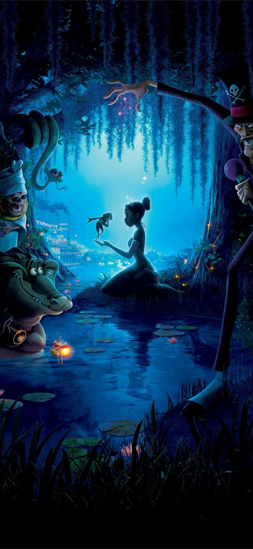 Aesthetic Disney 桌布 壁紙 — 一條美人魚坐在夜晚發光的藍色沼澤中，周圍環繞著動畫角色和懸掛的藤蔓。