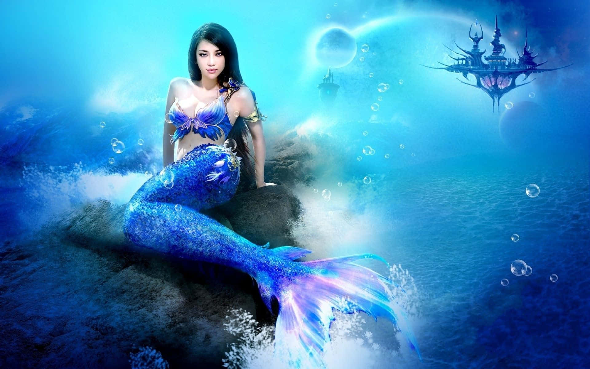 美人魚 桌布 壁紙 — 一條美麗的美人魚，擁有閃爍的藍色尾巴，優雅地坐在神秘海底王國的一塊岩石上，周圍有漂浮的氣泡和遠處發光的城堡。