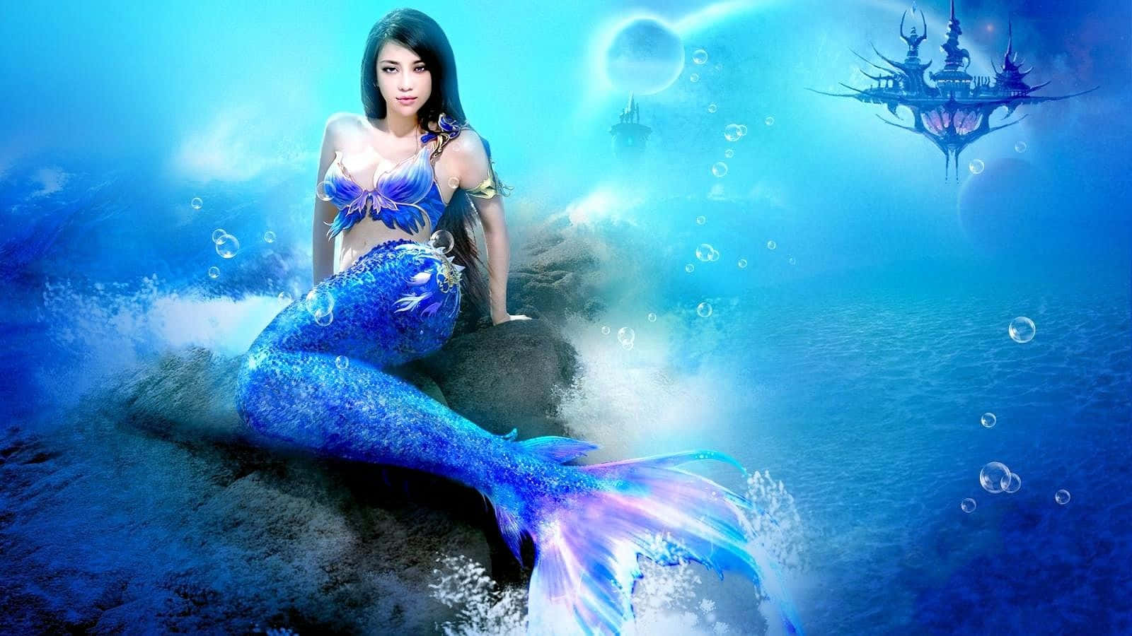 美人魚 桌布 壁紙 — 一條美麗的美人魚，擁有閃爍的藍色尾巴，優雅地坐在一塊被氣泡和發光的水生植物環繞的水下岩石上。