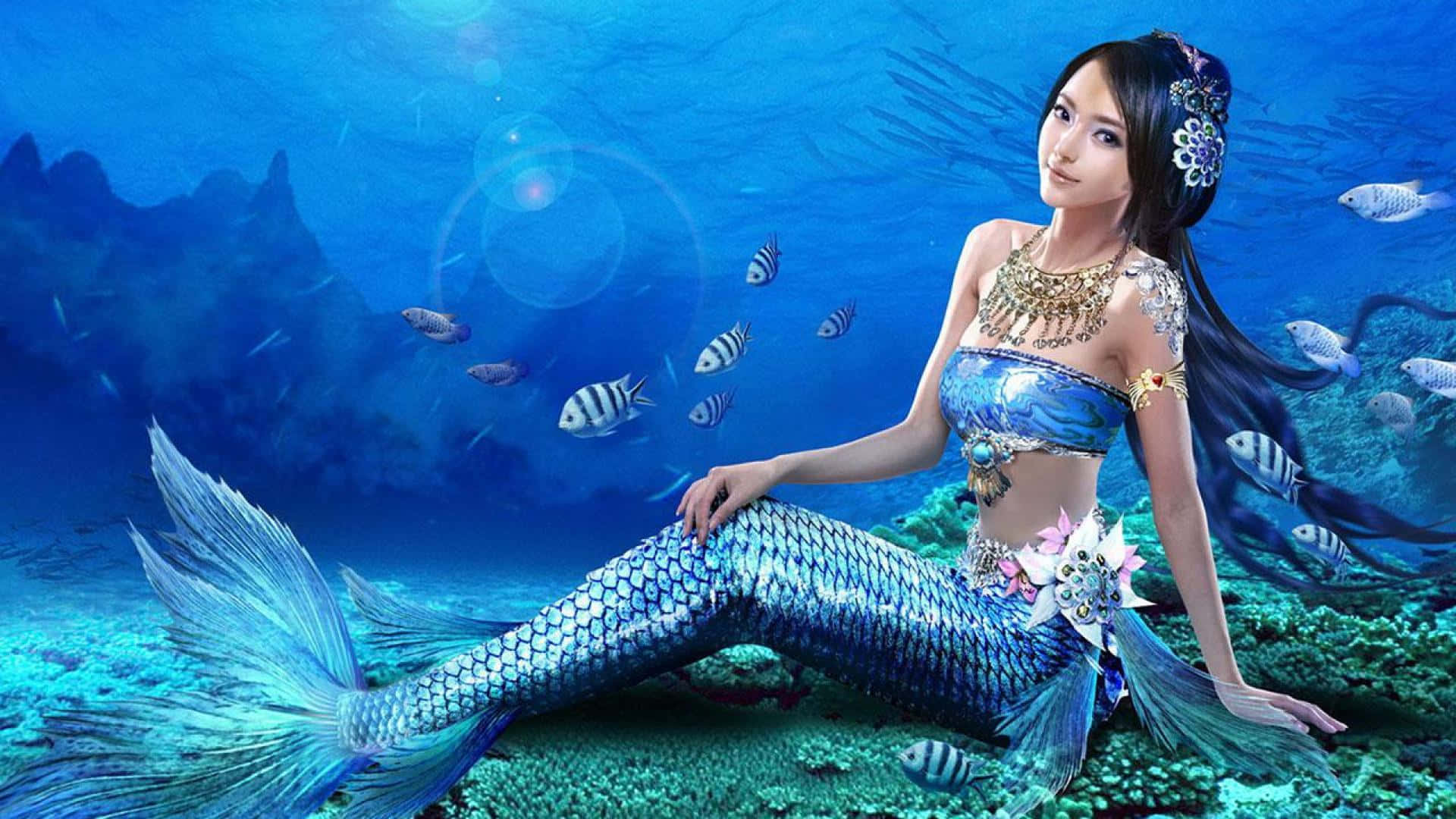 美人魚 桌布 壁紙 — 一條美麗的美人魚，擁有閃爍的藍色尾巴，優雅地躺在珊瑚礁上，周圍是清澈海洋中的熱帶魚。