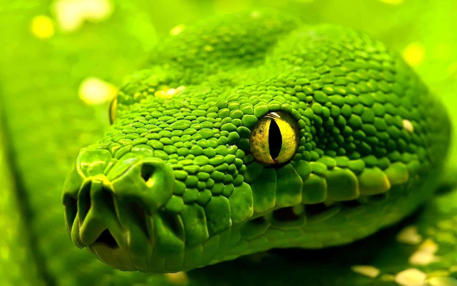 Cobra Snake 桌布 壁紙 — 一條翠綠樹蟒的特寫，鱗片細節清晰，黃色眼睛引人注目。