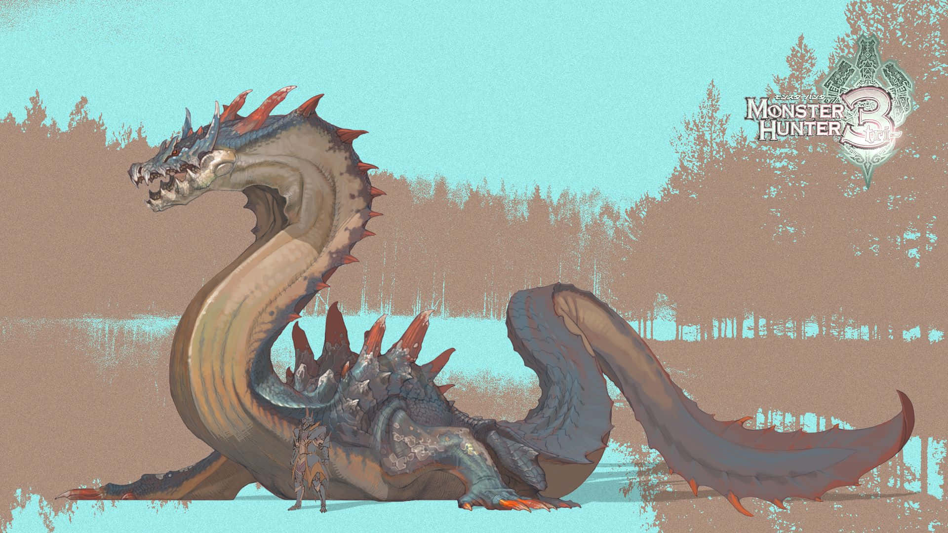 Monster Hunter Desktop 桌布 壁紙 — 一條背脊有刺、眼睛發光的巨龍在霧氣瀰漫的森林空地中休息，使下方的小獵人顯得渺小。