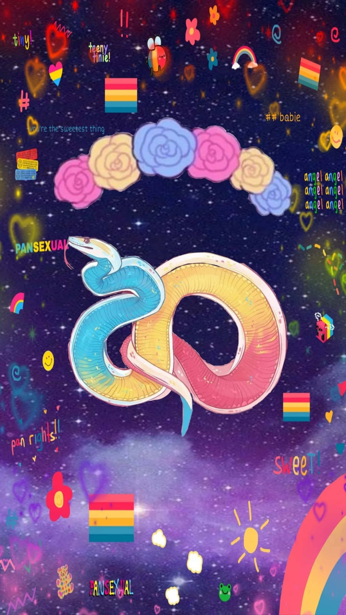 Pansexual 桌布 壁紙 — 一條色彩繽紛的卡通蛇在充滿彩虹旗、愛心和閃爍星星的星系中盤繞。
