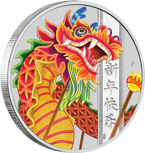 龍 桌布 壁紙 — 一條色彩鮮豔的中國龍，帶有火橙色和綠色的鱗片，在銀幣上舞動，旁邊有「Happy New Year」字樣。
