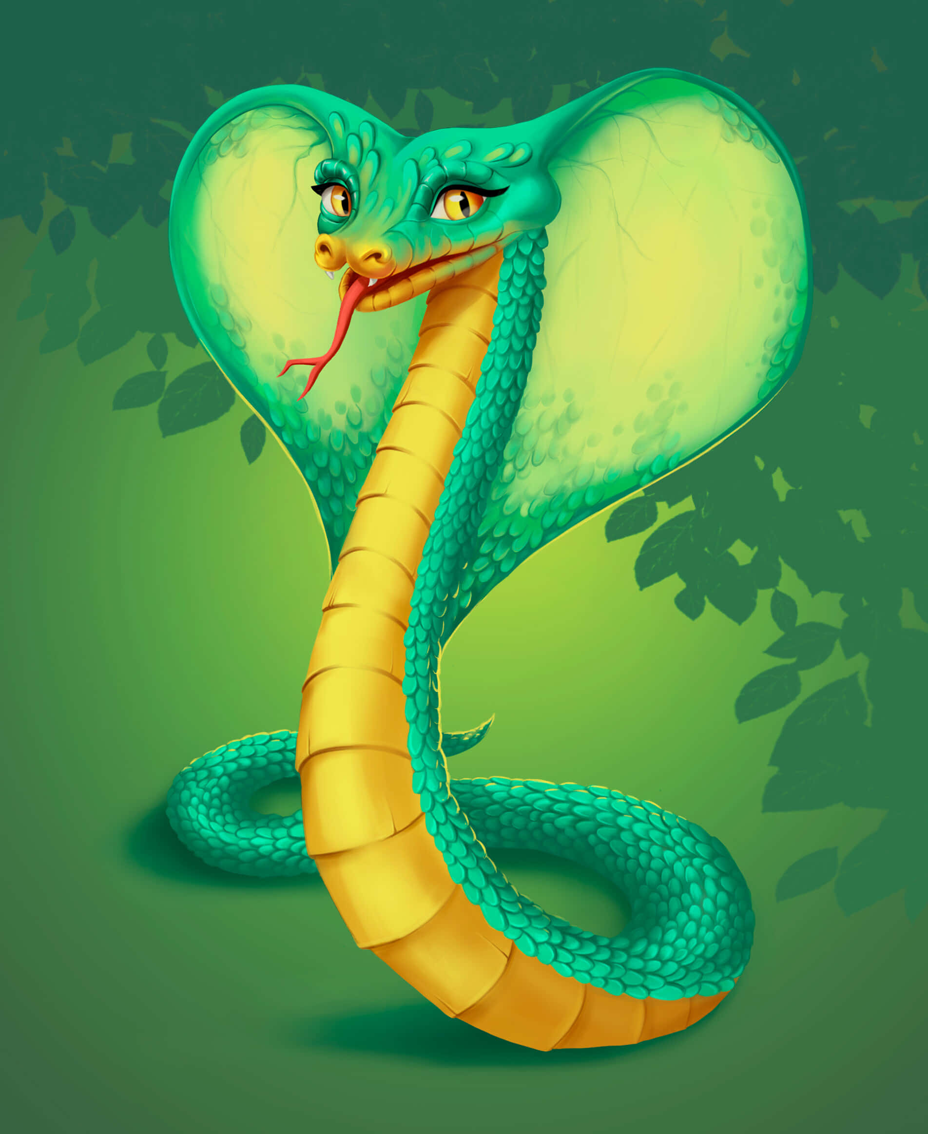 snakes 桌布 壁紙 — 一條色彩鮮豔的卡通眼鏡蛇，帶有藍綠色鱗片和黃色腹部，在綠色樹葉背景下展開頭部姿勢。
