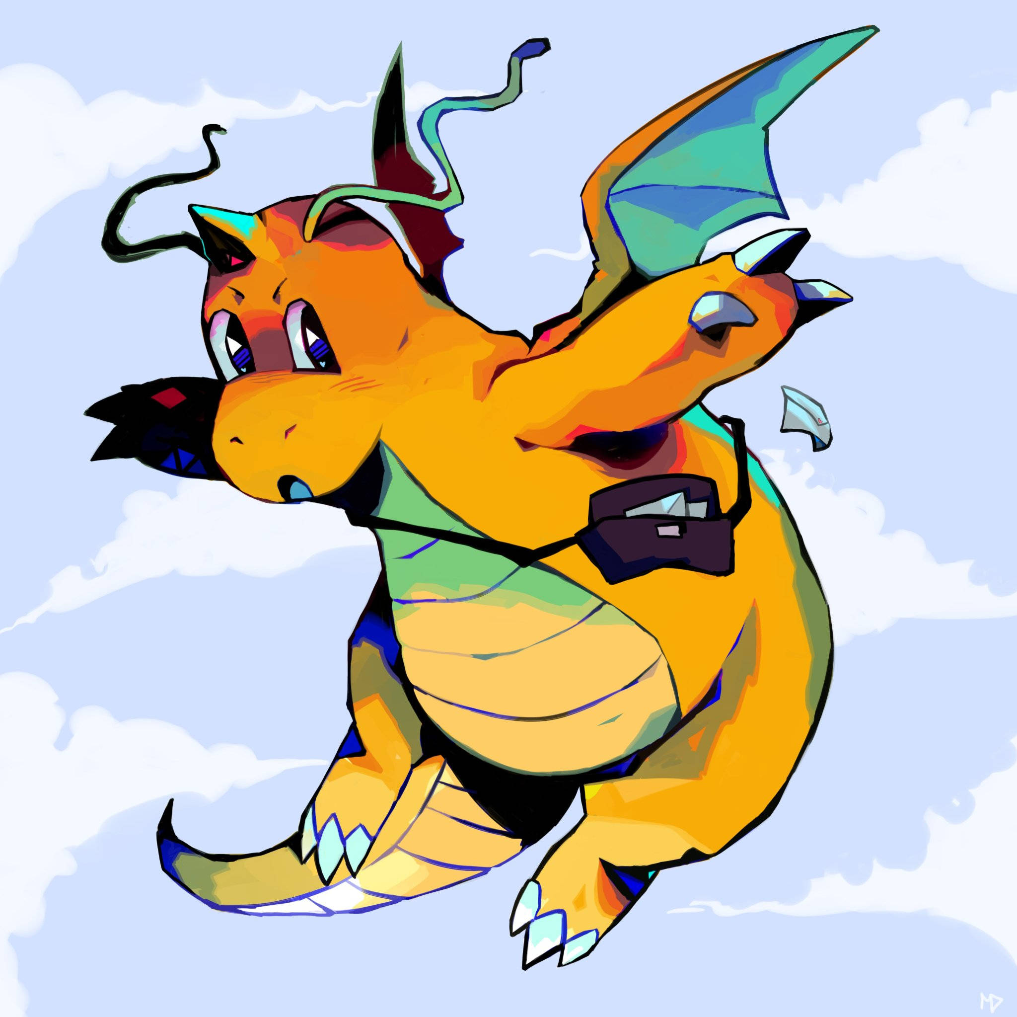 Dragonite 桌布 壁紙 — 一條色彩鮮豔的卡通龍在柔和的藍天中翱翔，伴隨著蓬鬆的白雲，翅膀張開，尾巴捲曲。