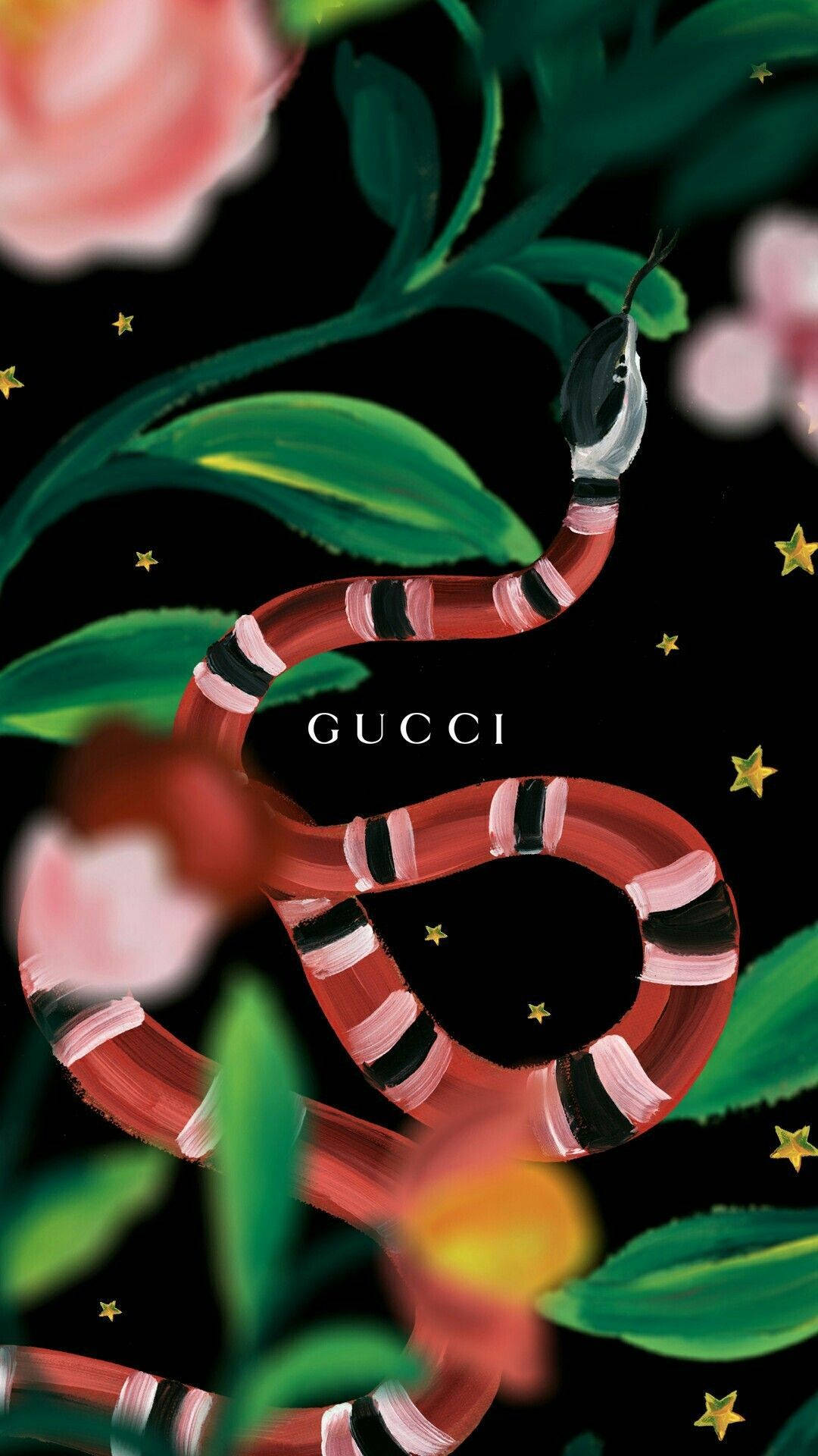 supreme 桌布 壁紙 — 一條色彩鮮豔的彩繪蛇，帶有紅色、黑色和粉紅色的條紋，纏繞在茂密的綠葉和粉紅色的花朵之間，背景是繁星點點的黑色。