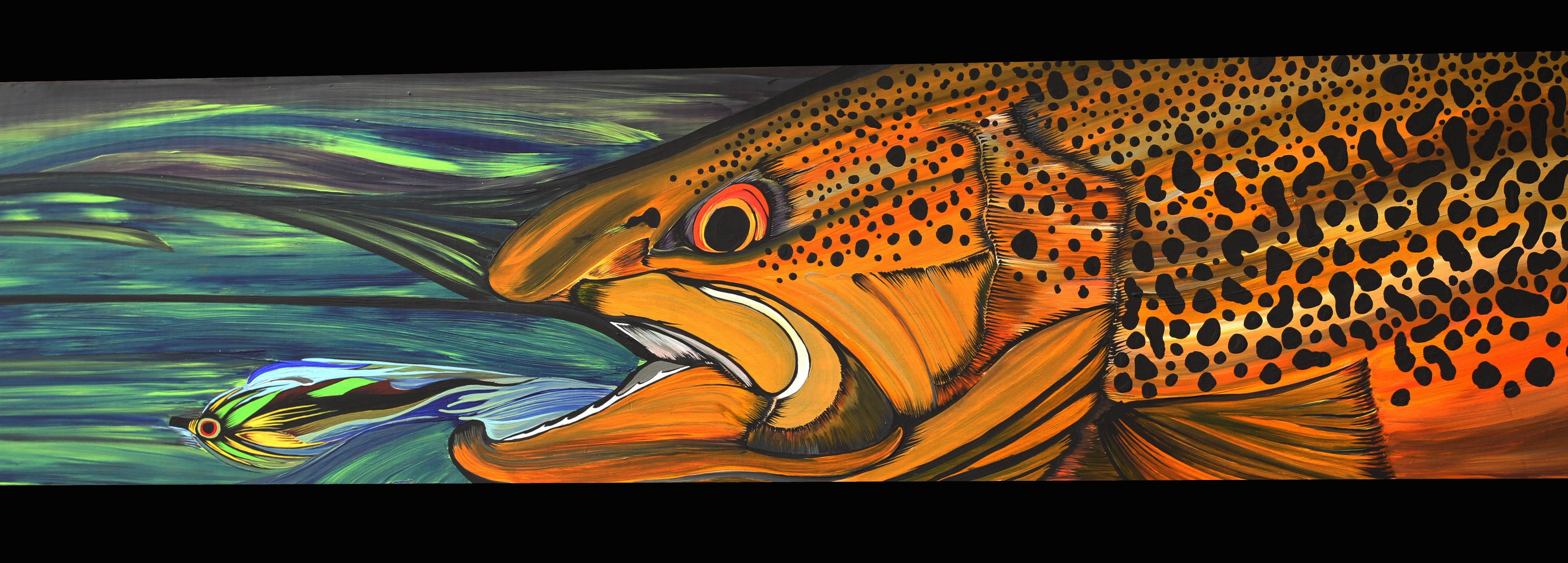 artwork 桌布 壁紙 — 一條色彩鮮豔的彩繪鱒魚，帶有橙色和黑色斑點，在旋轉的綠色水中撲向一個色彩繽紛的蒼蠅誘餌。