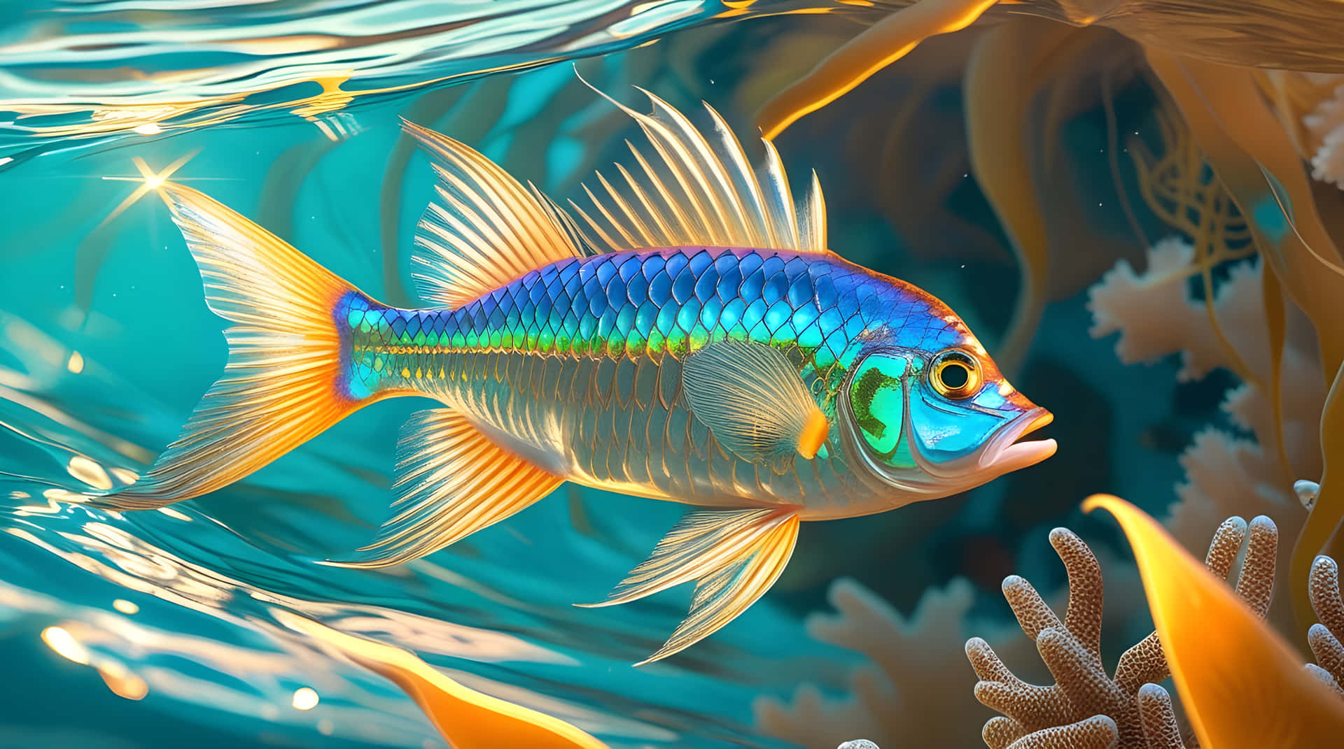 Beautiful fish in the sea 壁紙 — 一條色彩鮮豔的虹彩魚，帶有藍色、綠色和金色的鱗片，在陽光照射的碧綠水中靠近珊瑚和海藻優雅地游動。