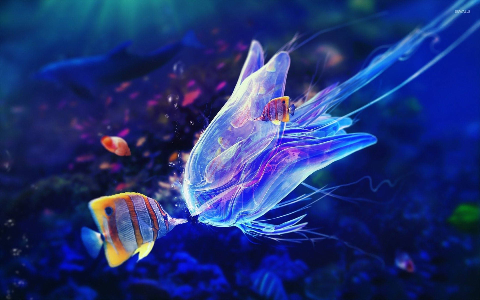 水母 桌布 壁紙 — 一條色彩鮮豔的蝴蝶魚在深藍色海底場景中，靠近發光的半透明水母游動，周圍有色彩繽紛的珊瑚。