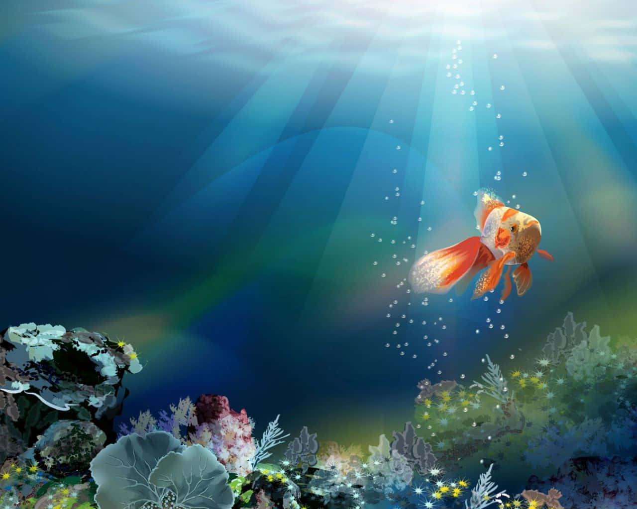 水下動畫 桌布 壁紙 — 一條色彩鮮豔的金魚在色彩繽紛的珊瑚礁水下場景中，向上游過陽光照耀的光束。