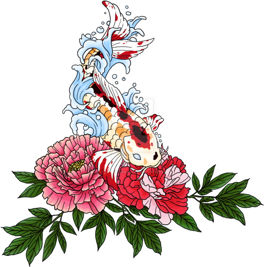 牡丹 桌布 壁紙 — 一條色彩鮮豔的錦鯉在黑色背景上，穿過藍色波浪，躍過盛開的粉紅色和紅色牡丹，牡丹帶有綠葉。