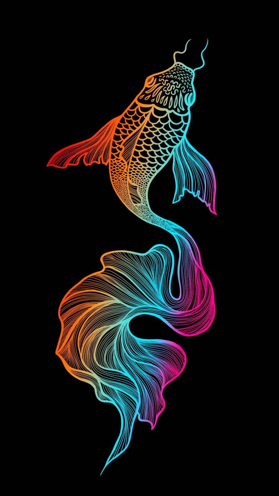動物 桌布 壁紙 — 一條色彩鮮豔的霓虹錦鯉，擁有流動的魚鰭和鱗片，在黑色背景上發光，呈現出風格化的數位藝術設計。