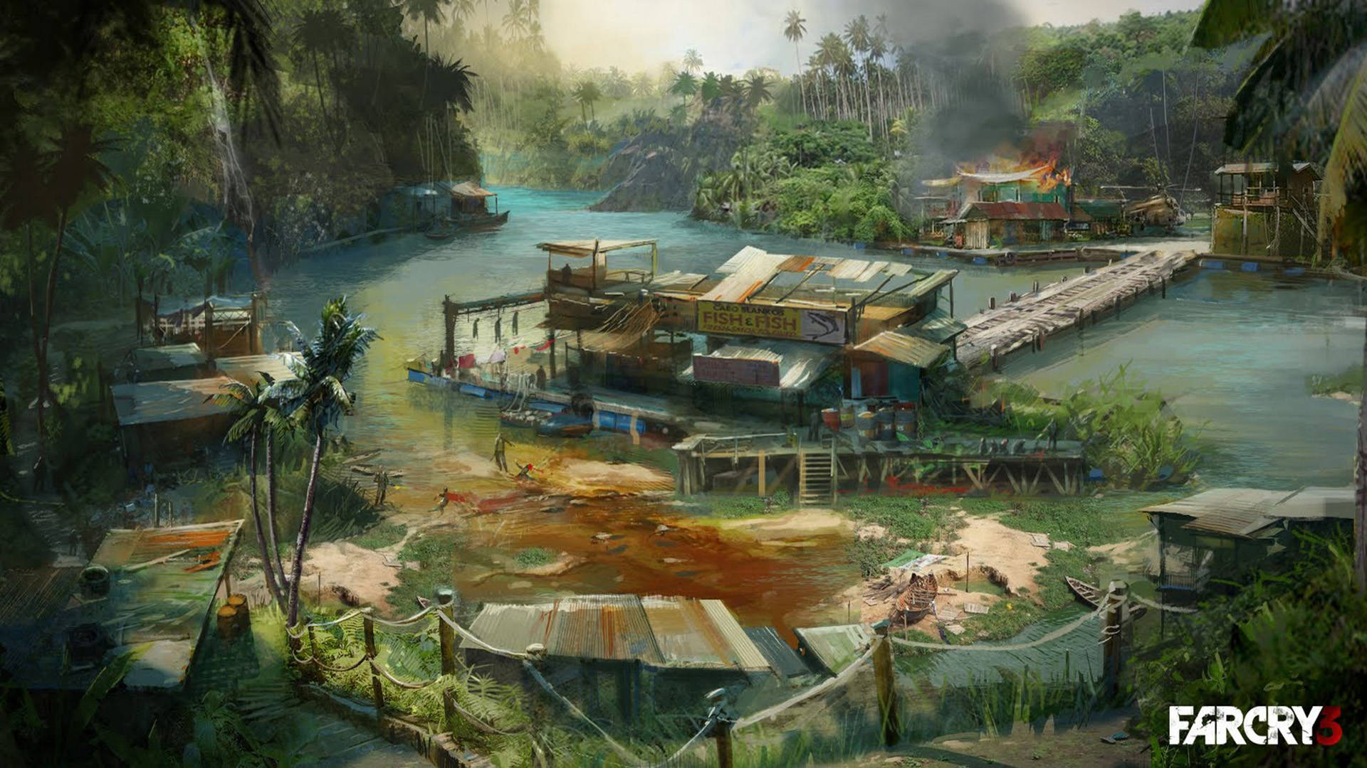 Far Cry 3 桌布 壁紙 — 一條茂密的叢林河流蜿蜒穿過一個破敗的漂浮村莊，村莊裡有生鏽的小屋和燃燒的建築物，天空朦朧。