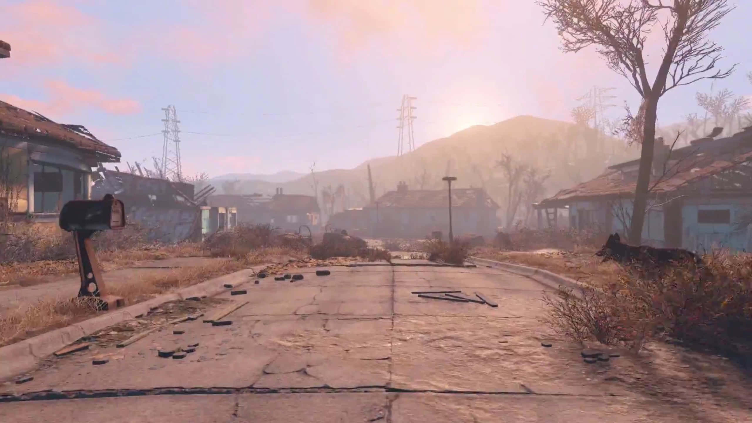 Fallout 4 Wasteland 桌布 壁紙 — 一條荒涼的末日後街道，房屋 crumbling，植被茂盛，在朦朧的日出下。