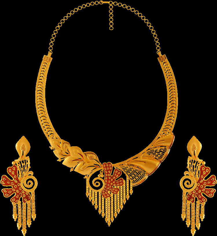 Indian Jewellery 桌布 壁紙 — 一條華麗的金項鍊，帶有葉子圖案和垂墜流蘇，搭配相配的紅色和金色耳環，背景為黑色。