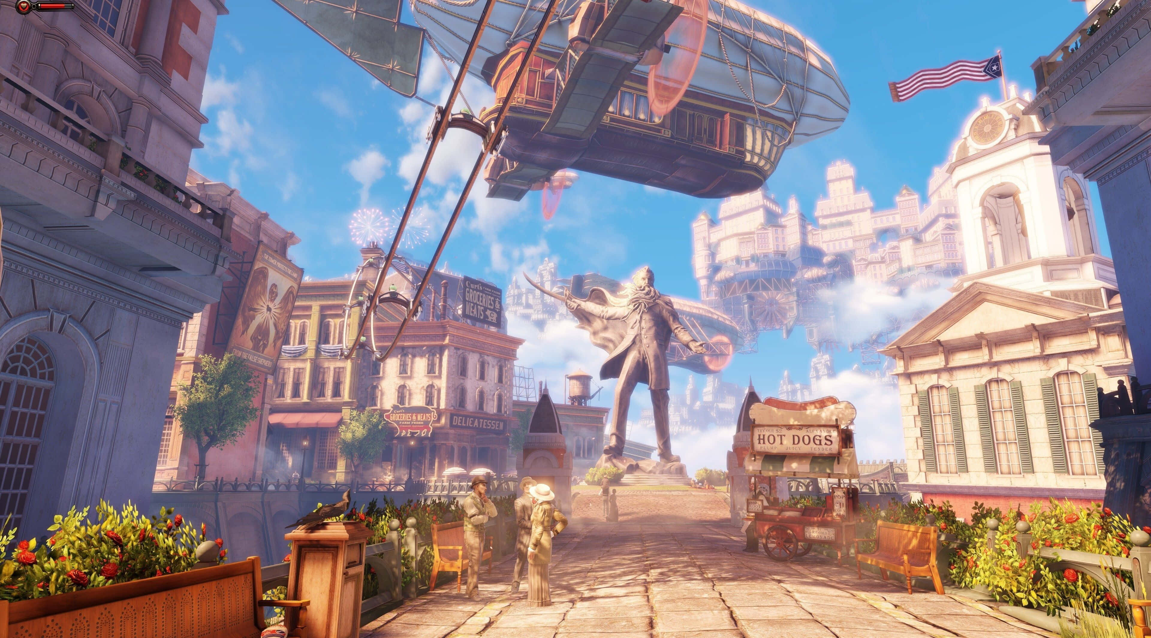 Best Bioshock Infinite 桌布 壁紙 — 一條蒸氣龐克城市街道，有巨型雕像、飛船在頭頂飛過，還有一個熱狗車，在明亮的藍天下。