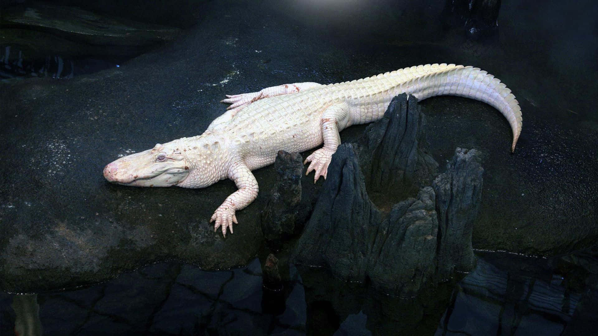 Alligator 桌布 壁紙 — 一條蒼白的短吻鱷在昏暗燈光下，一動不動地躺在渾濁水邊的深色濕岩石上。