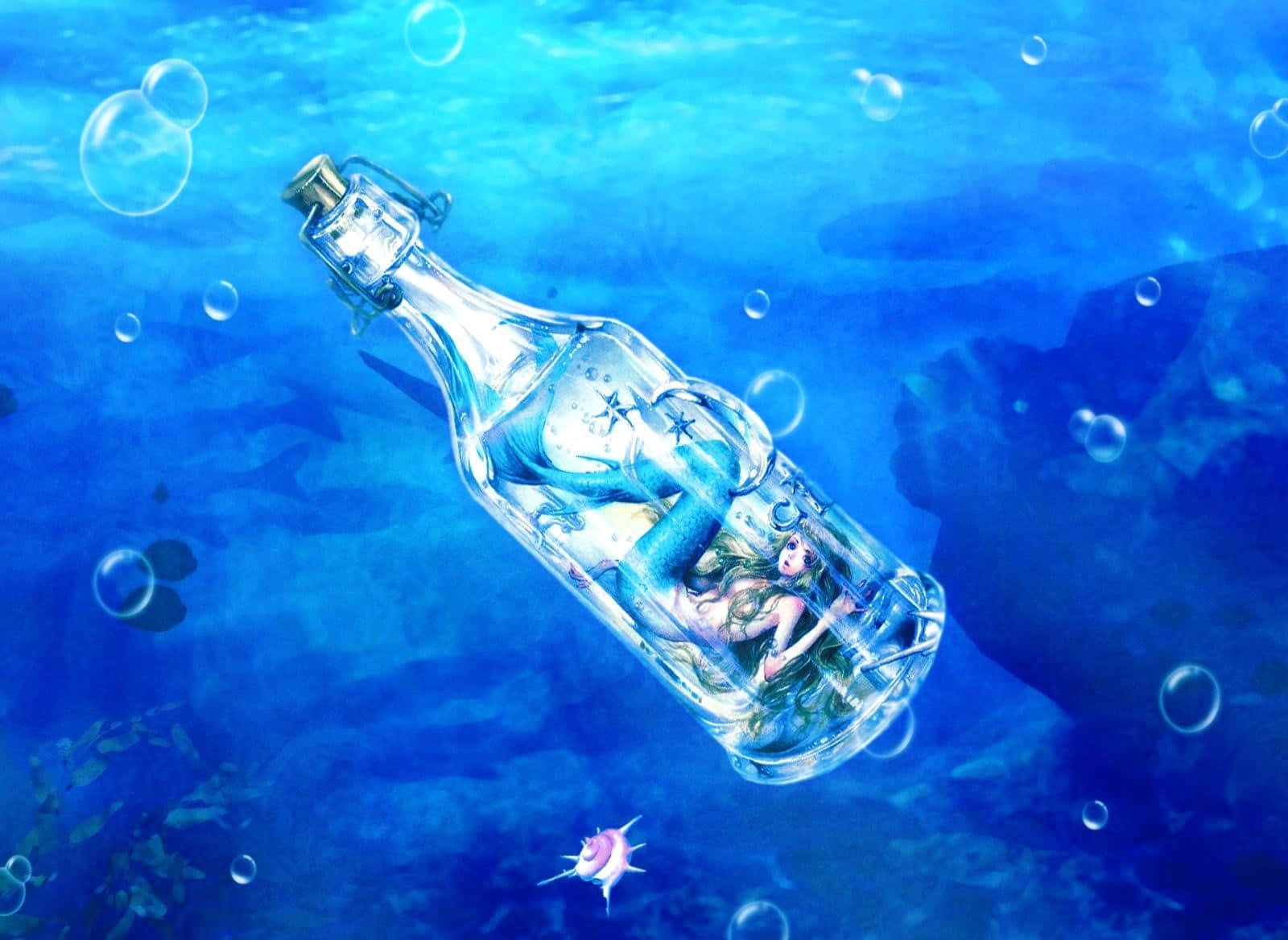 美人魚 桌布 壁紙 — 一條藍尾美人魚在玻璃瓶內平靜地漂浮於水下，周圍環繞著氣泡和珊瑚。