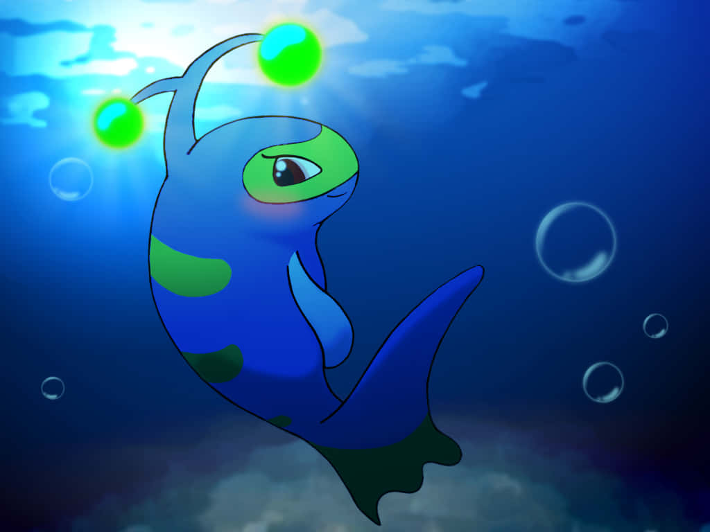 寶可夢 桌布 壁紙 — 一條藍綠色卡通魚，帶有發光觸角，在深海中優雅地游動，周圍環繞著氣泡。