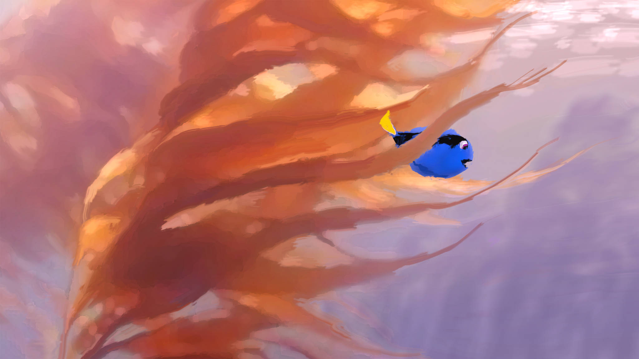 Dory 桌布 壁紙 — 一條藍色小魚，黃色尾巴，以柔和的水彩風格游過流動的橙色珊瑚。