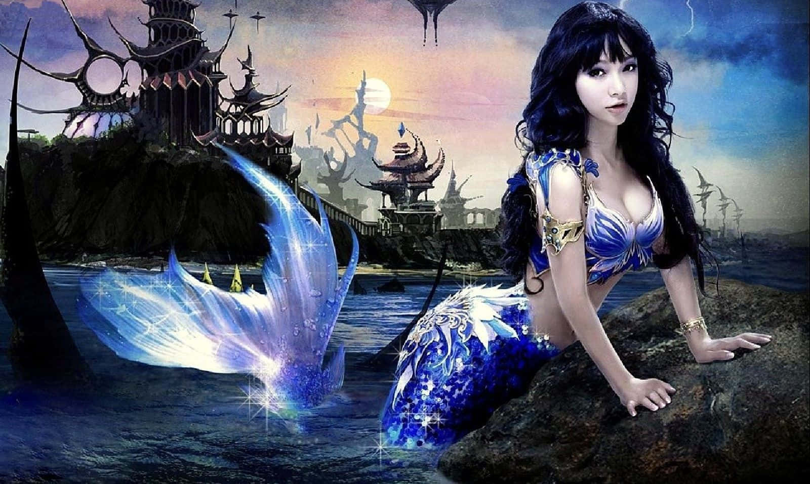 Mermaids 桌布 壁紙 — 一條藍色美人魚，尾巴發光，在黃昏天空下，棲息在神秘海洋旁邊的一塊岩石上，周圍有漂浮的寶塔狀結構。