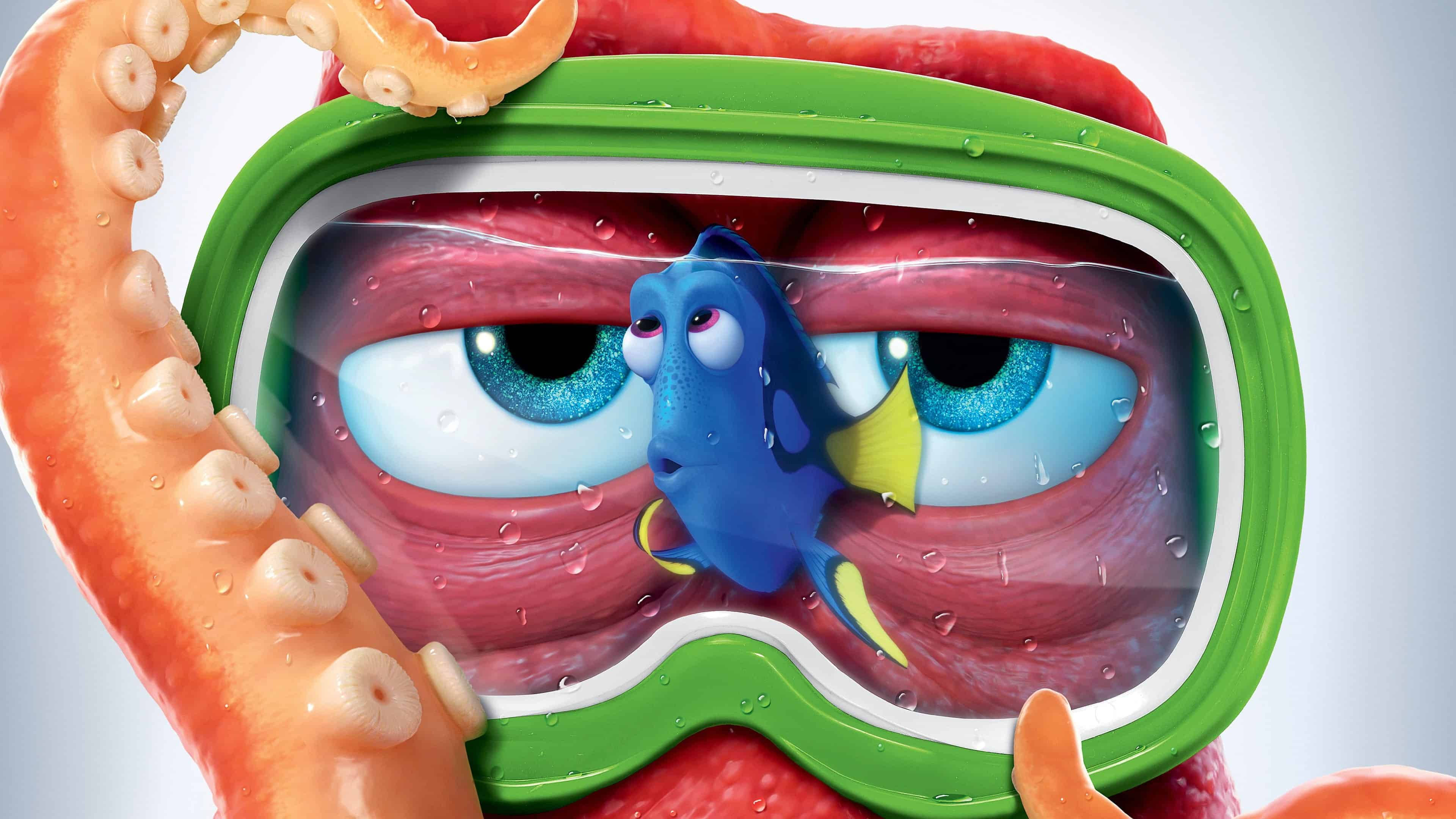 nemo 桌布 壁紙 — 一條藍色魚戴著綠色護目鏡，從巨型章魚的眼睛內部向外窺視，鏡片上有水滴。