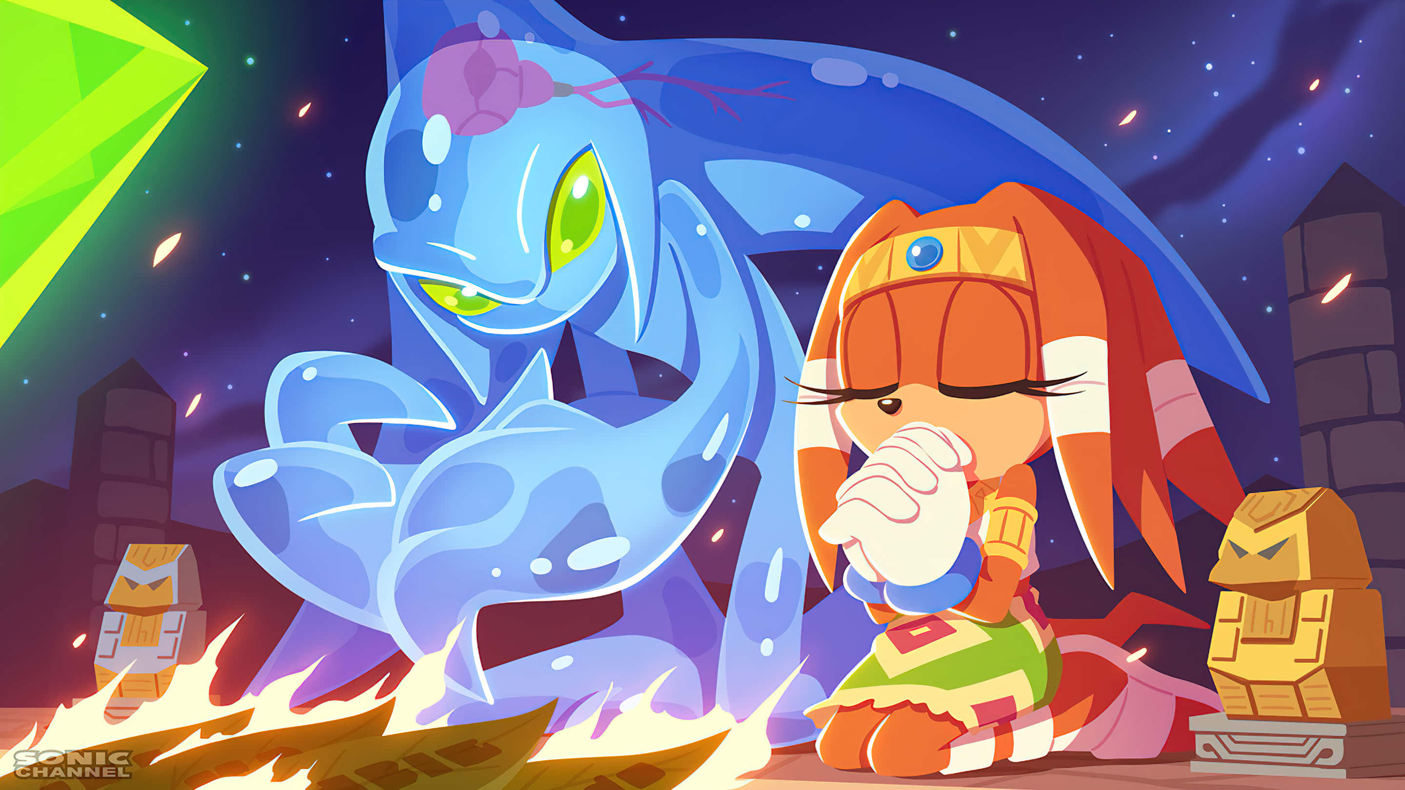 Chaotic 桌布 壁紙 — 一條藍龍和一個紅髮女孩在繁星點點的夜空下，跪在一個燃燒的祭壇前，周圍有發光的水晶。