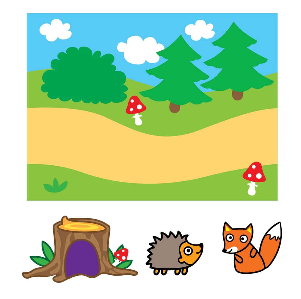 Animated Forest 桌布 壁紙 — 一條蜿蜒小徑、紅色蘑菇、松樹和可愛動物（包括狐狸、刺蝟和樹樁屋）的歡樂卡通森林場景。