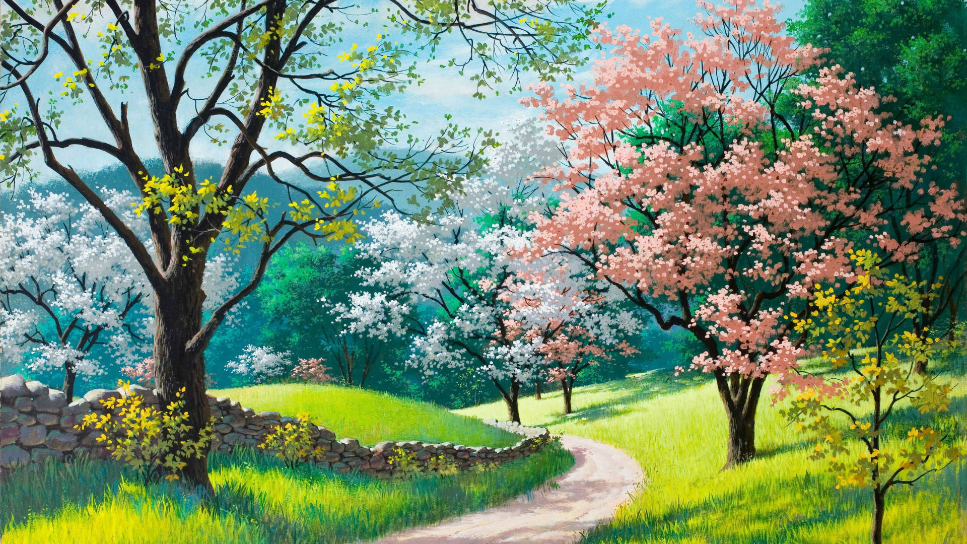 Sakura 桌布 壁紙 — 一條蜿蜒小徑穿過充滿活力的春天草地，兩旁開滿粉紅色和白色的櫻花樹，上方是清澈的藍天。