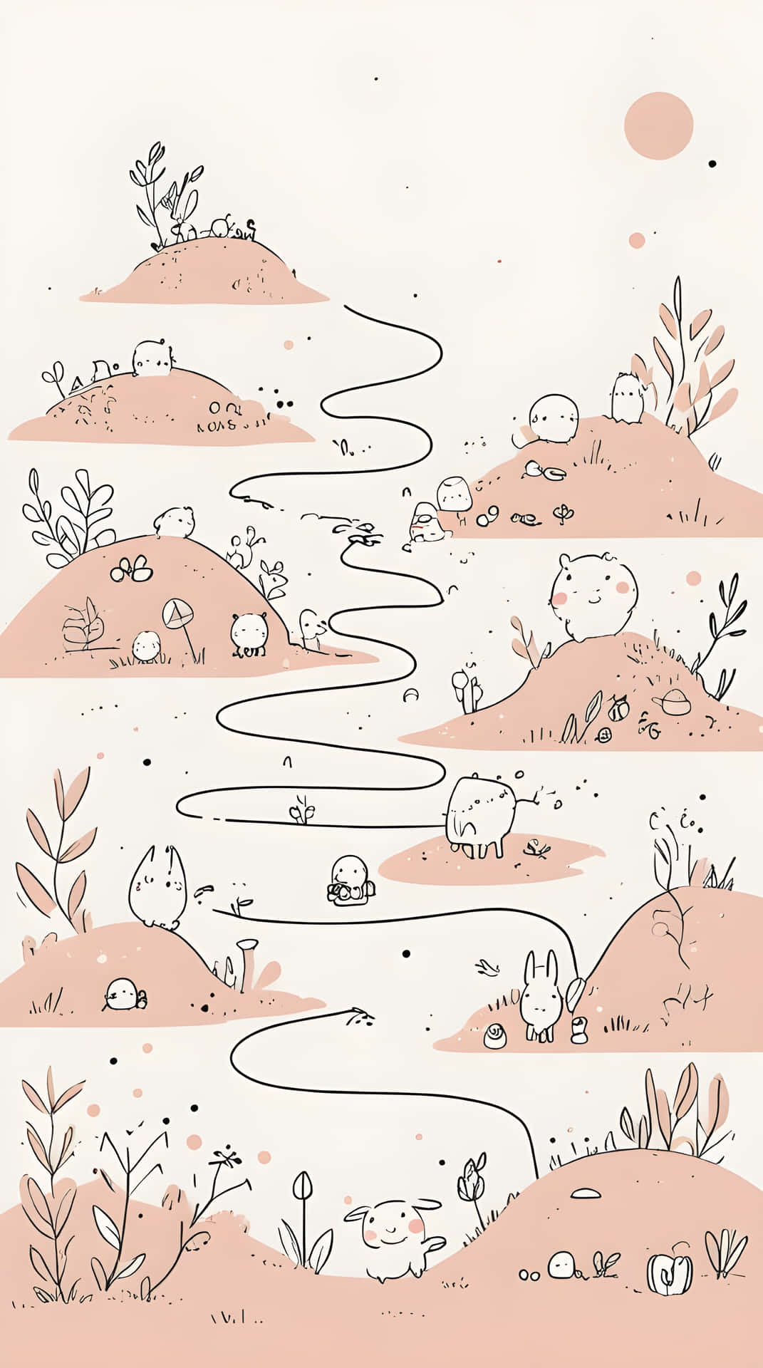 Beautiful line friends wallpaper 壁紙 — 一條蜿蜒曲折的小徑穿過沙漠景觀，有可愛的卡通動物和稀疏的植被，在柔和的桃色天空下。