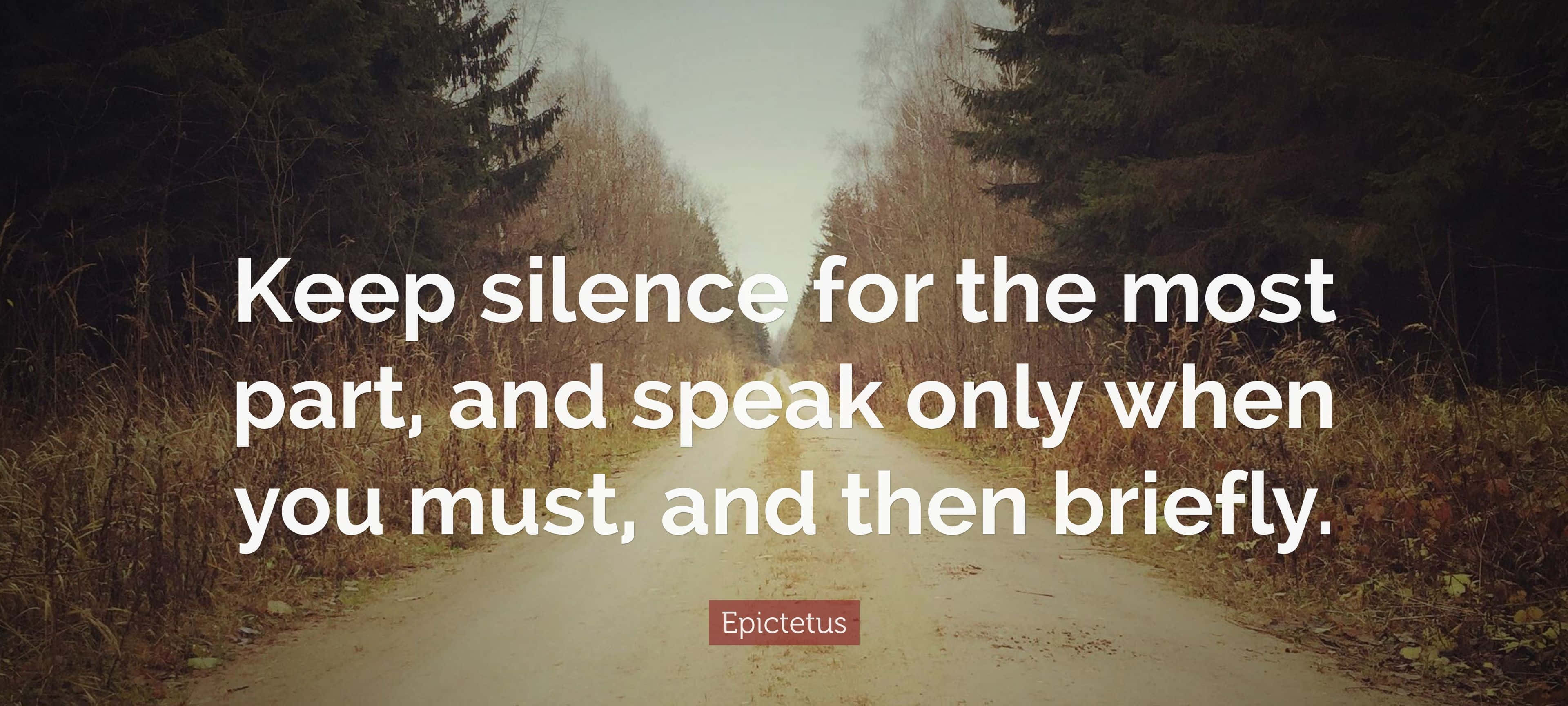 silence 桌布 壁紙 — 一條蜿蜒的土路穿過樹木光禿、天空陰沉的森林，上面覆蓋著埃皮克提圖斯的名言。