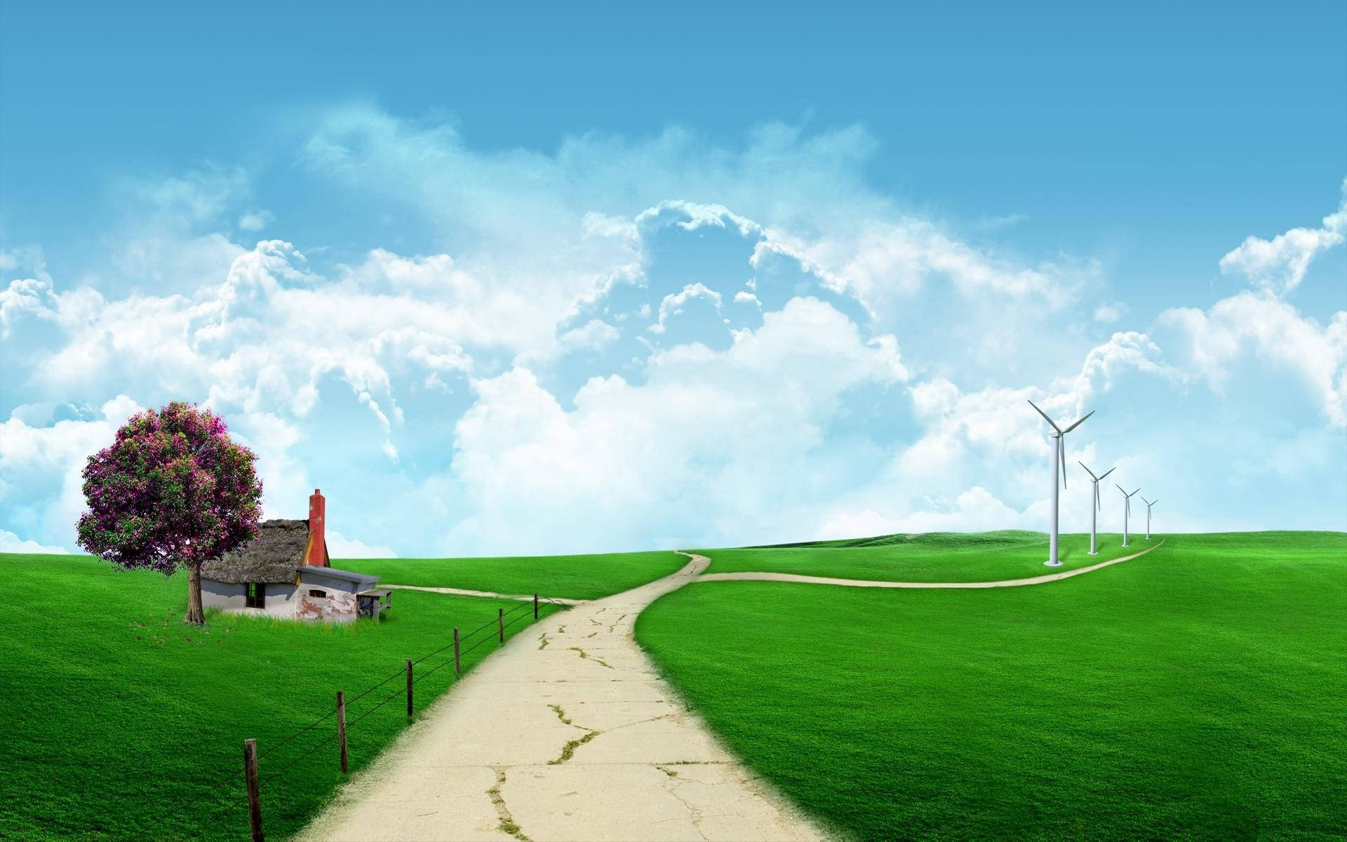 奇幻藝術 桌布 壁紙 — 一條蜿蜒的小徑從一間有開花樹木的小屋通往藍天下起伏的綠色山丘上的風力渦輪機。