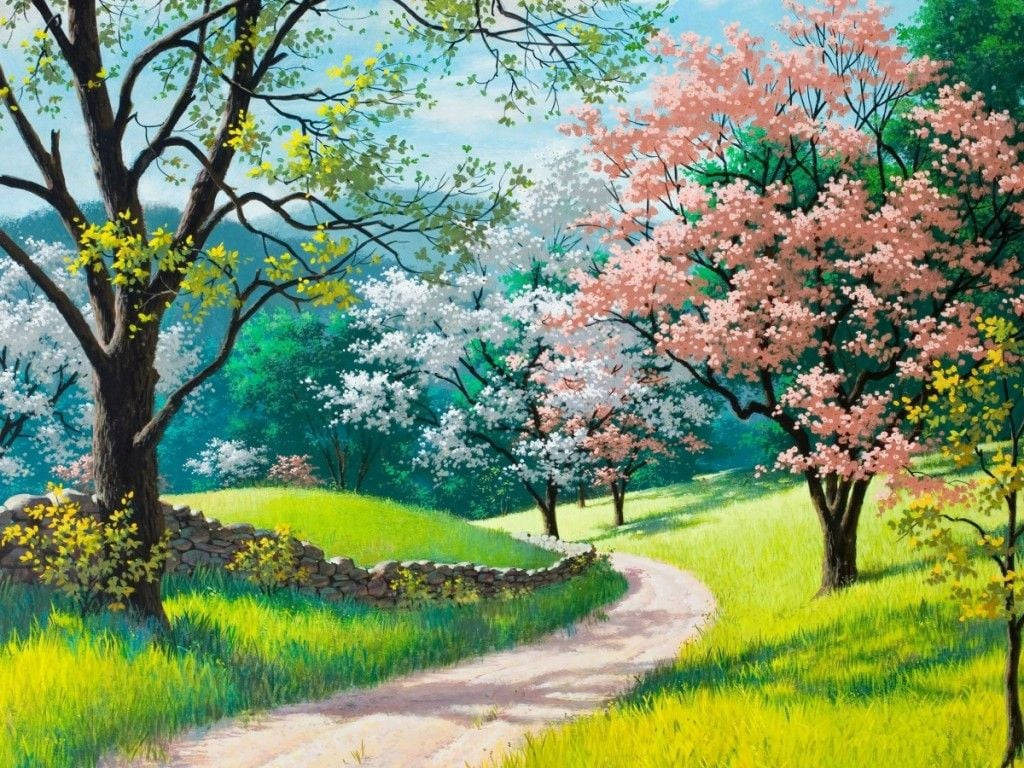 Most Beautiful Spring 桌布 壁紙 — 一條蜿蜒的小徑穿過充滿活力的春天草地，兩旁盛開的櫻花和白色花樹在清澈的藍天下。