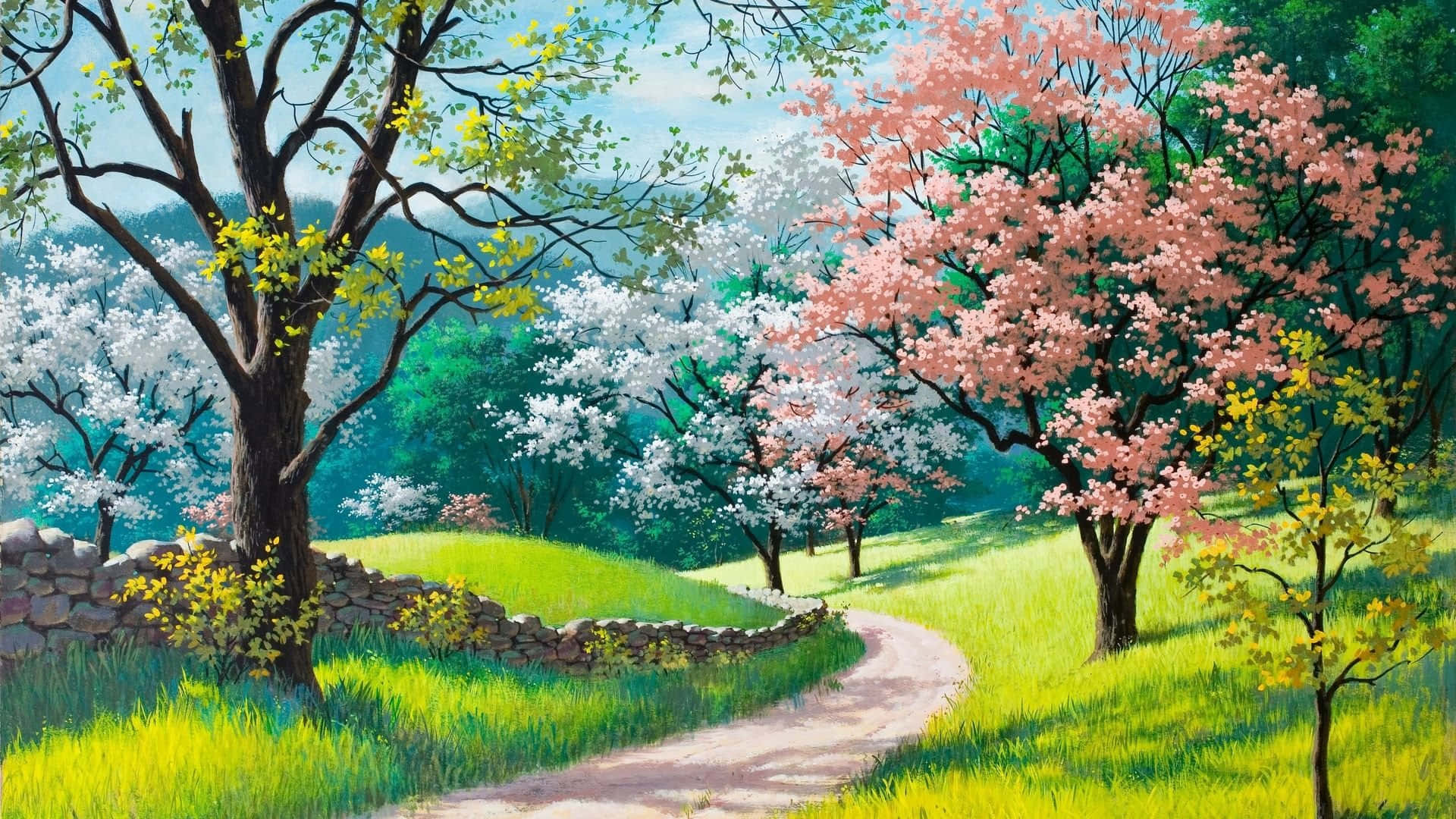 Spring Time 桌布 壁紙 — 一條蜿蜒的小徑穿過充滿活力的春天草地，兩旁開滿了櫻花和木蘭花，在清澈的藍天下。